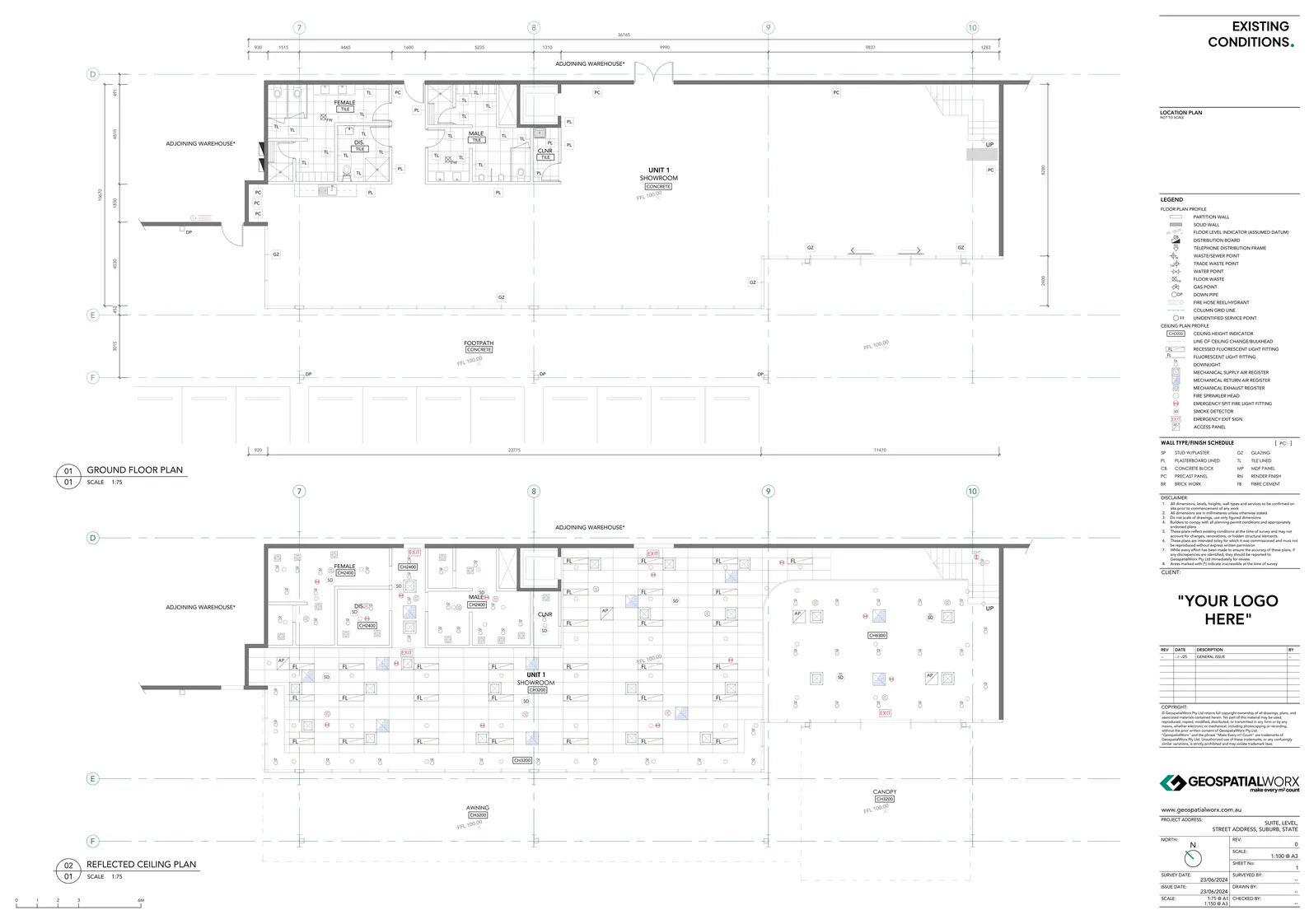 Existing conditions floor plan and reflected ceiling plan of a showroom tenancy