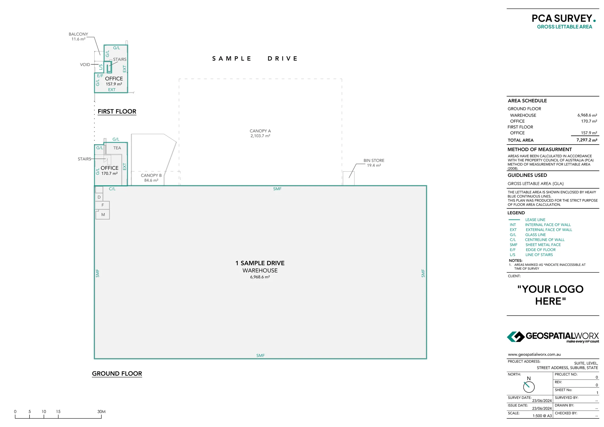 PCA GLA Survey of an industrial warehouse with a 2 level office