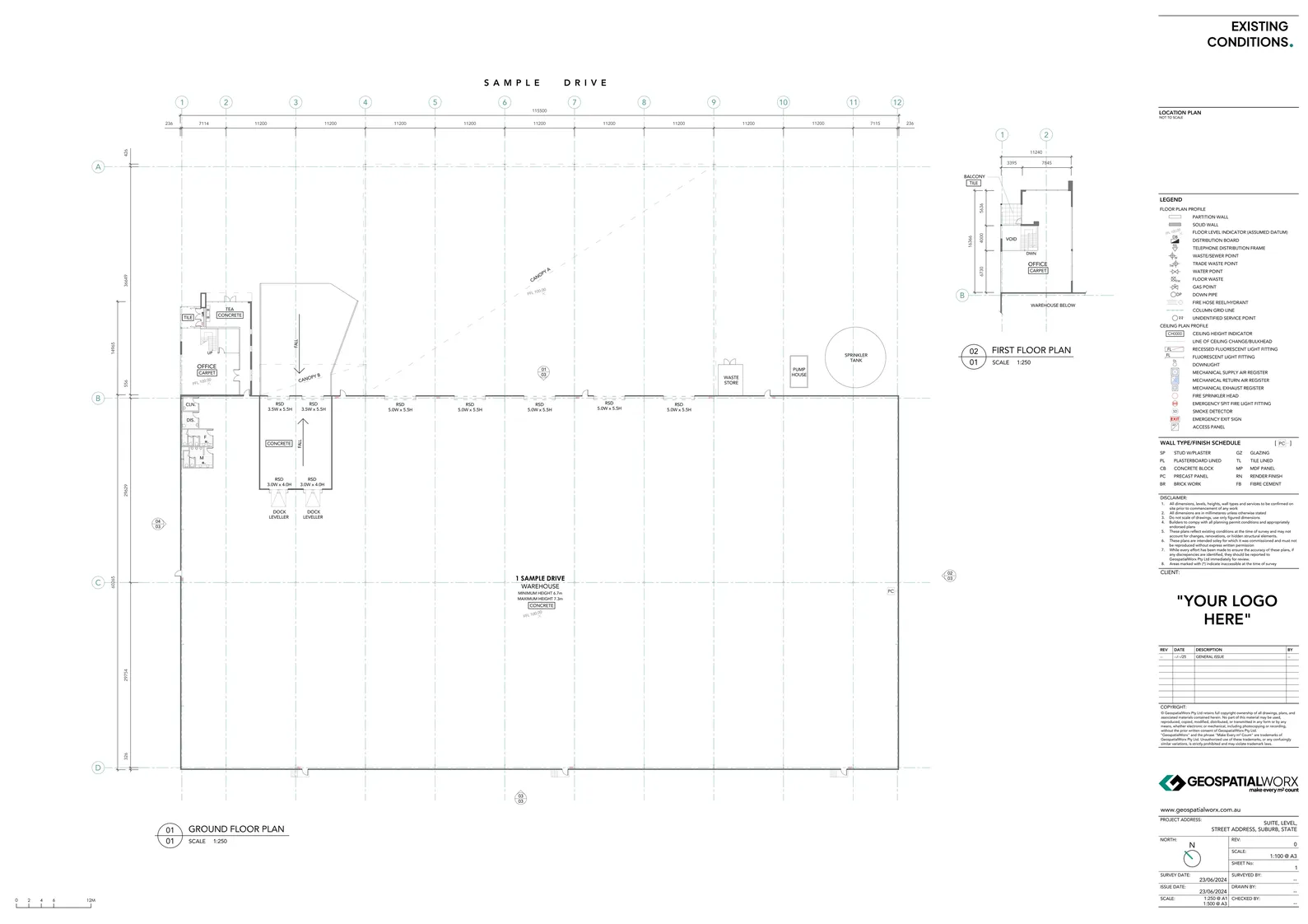Existing conditions floor plan of a warehouse building with a 2 level office