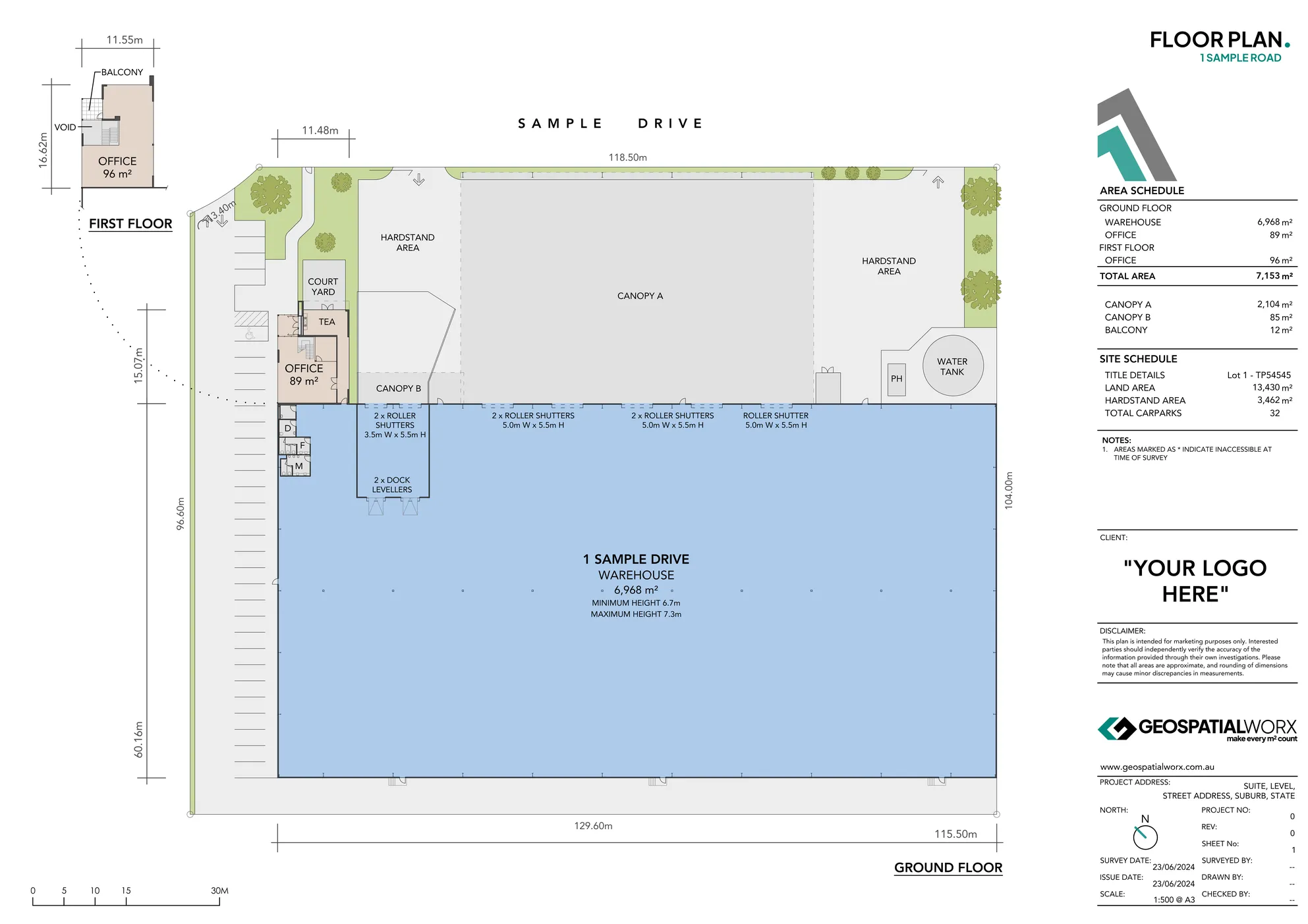Combined Floor & Site Plan of an industrial warehouse building