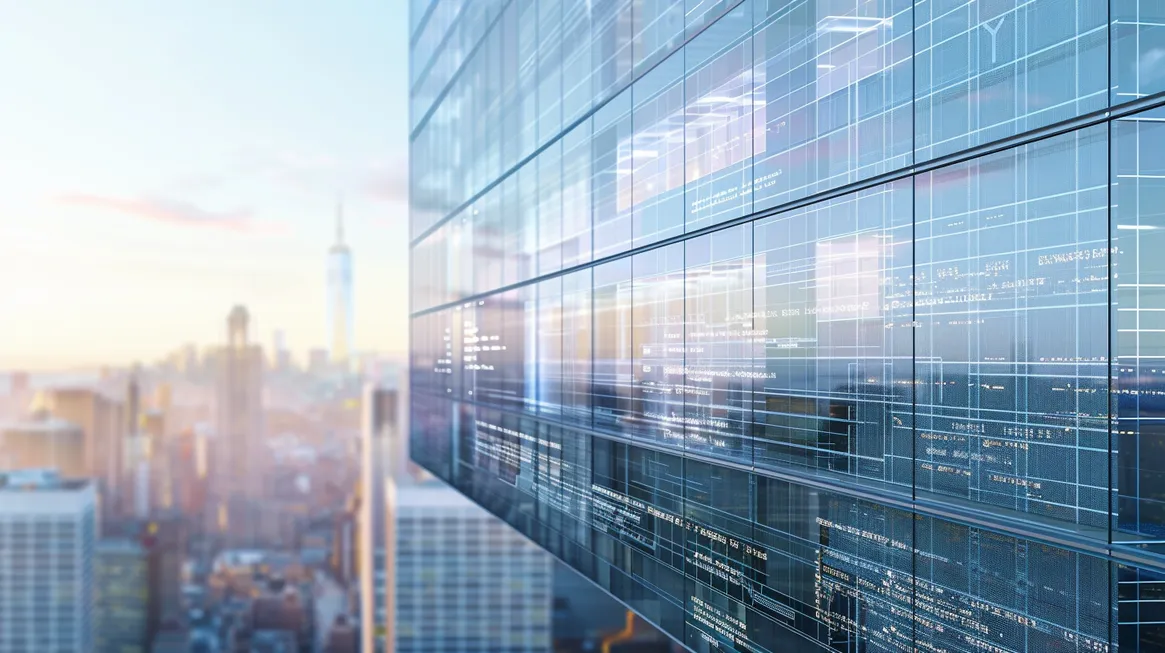 Side view of high rise office with digital overlay