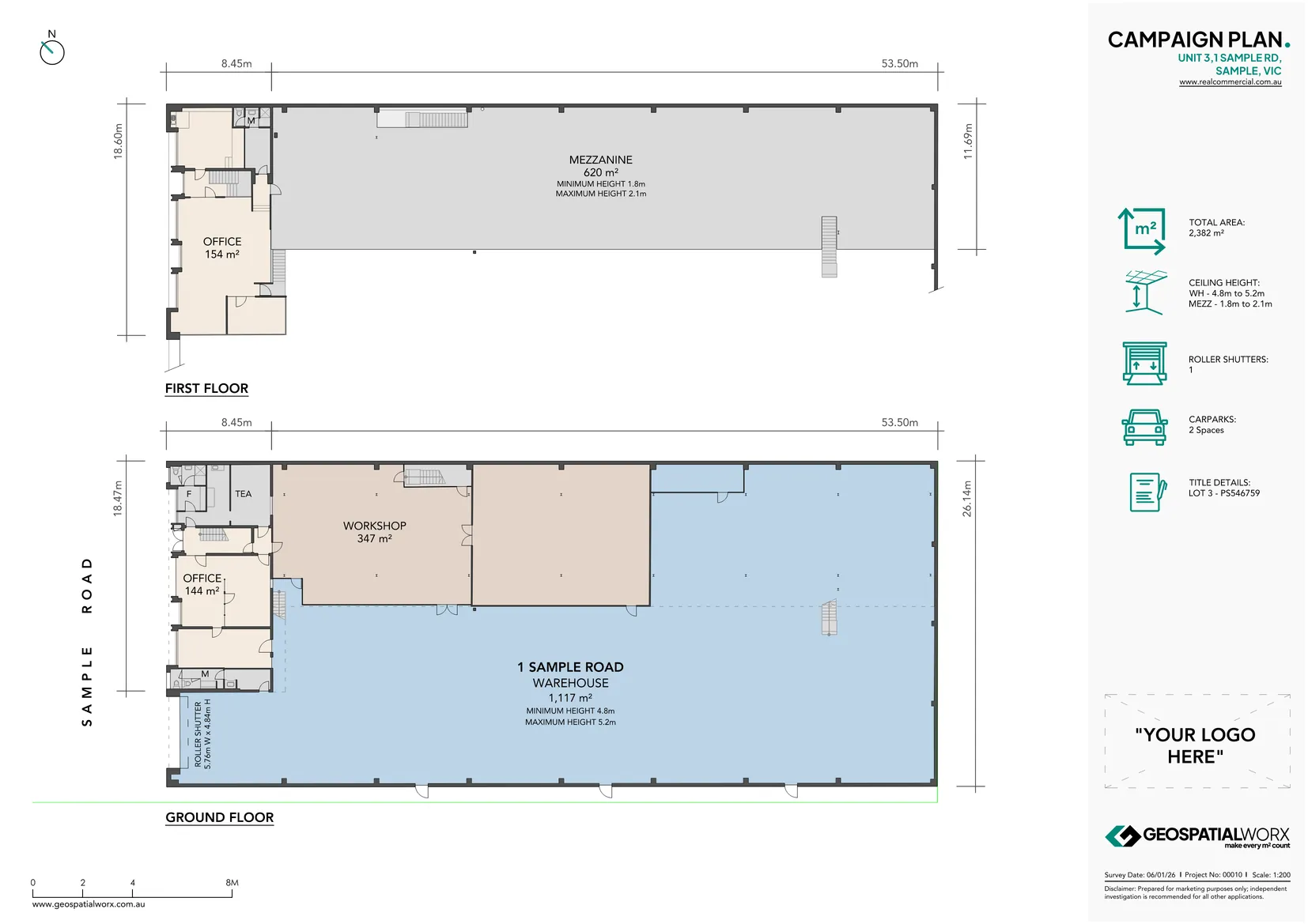 Floor plan for marketing of a 2 level showroom/warehouse unit