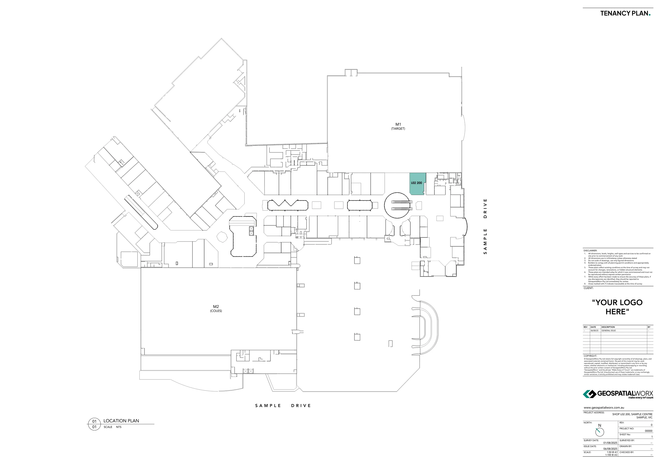 Existing conditions floor plan and reflected ceiling plan of a retail/showroom tenancy