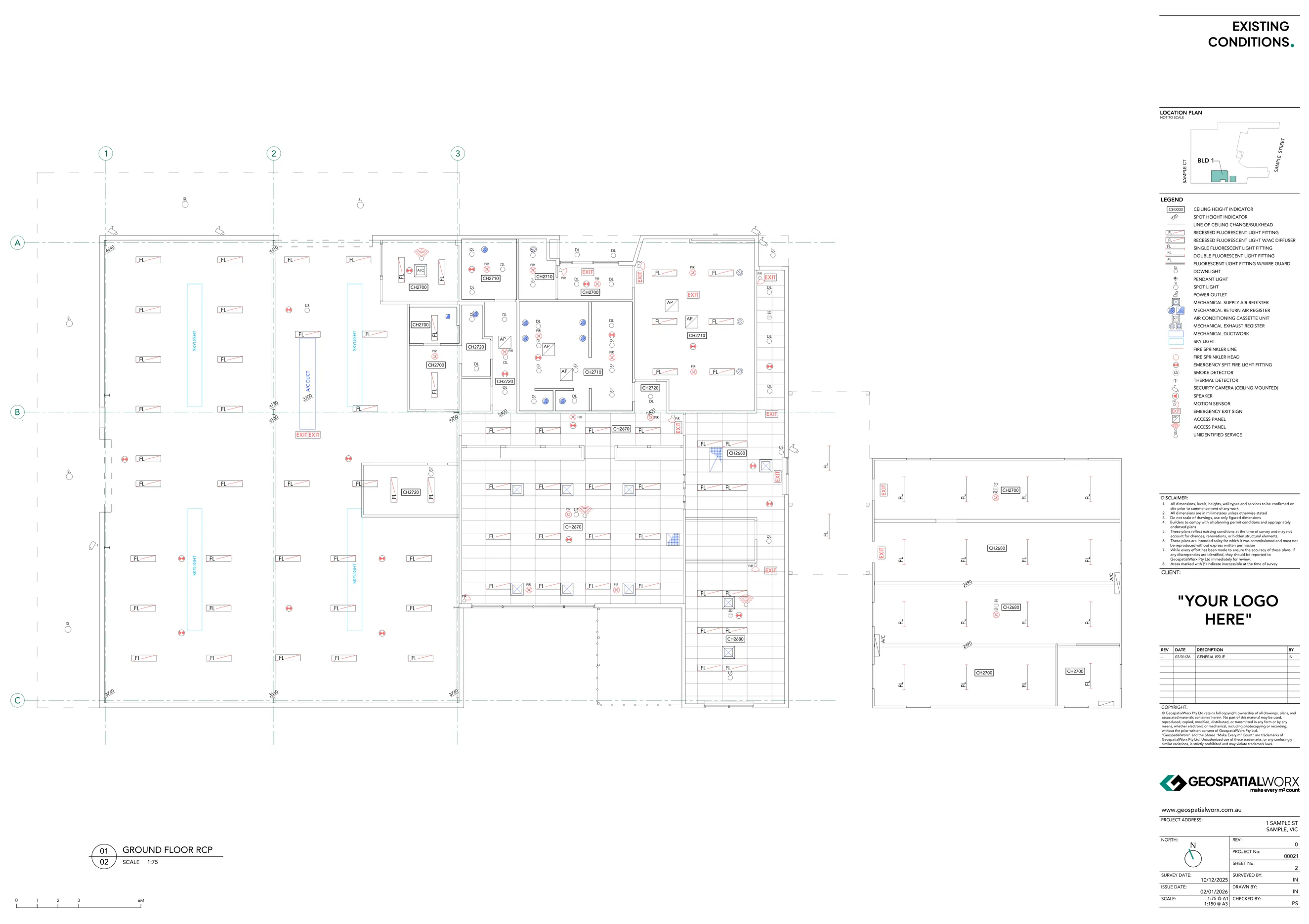 Existing conditions floor plan and reflected ceiling plan of a office tenancy