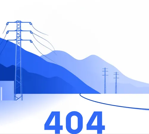 A graphic in different shades of blue showing a mountain range in the background and power lines in the foreground. Next to the power lines, the numbers 404 are visible