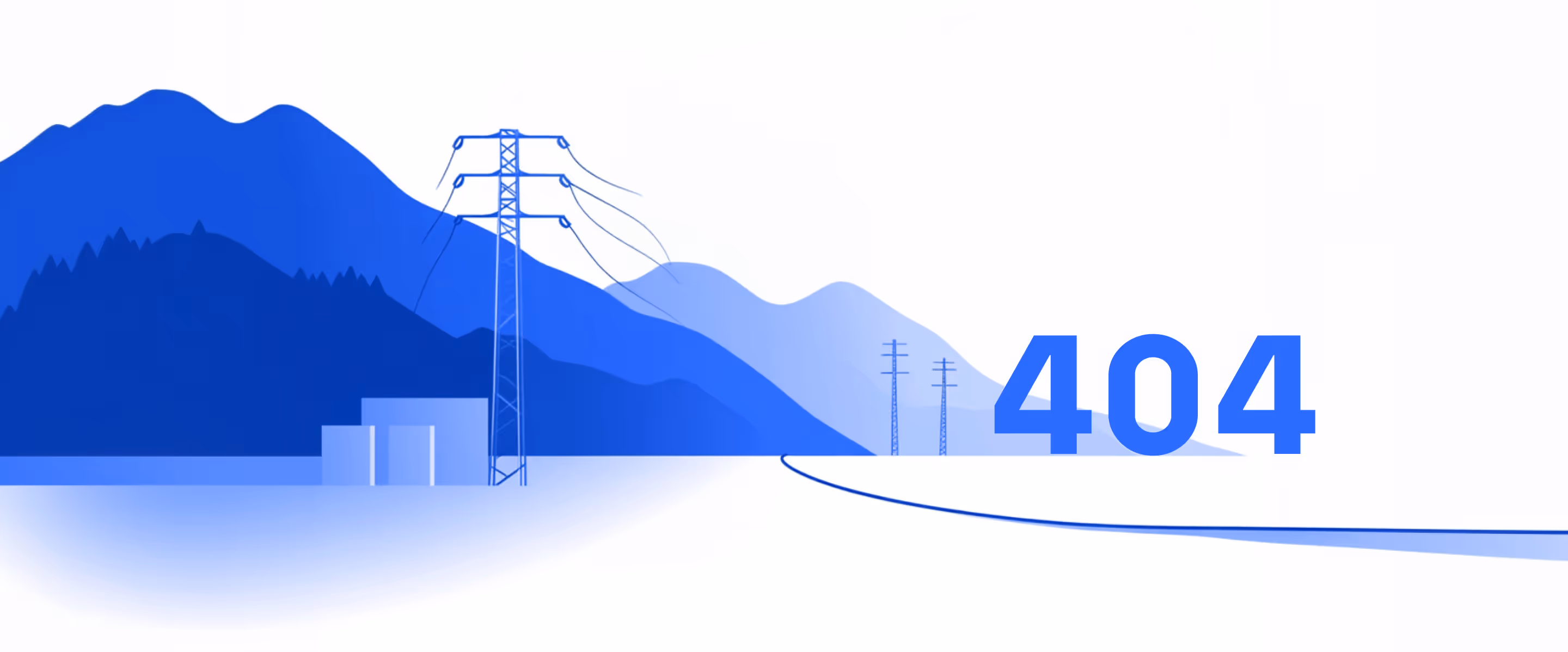 A graphic in different shades of blue showing a mountain range in the background and power lines in the foreground. Next to the power lines, the numbers 404 are visible