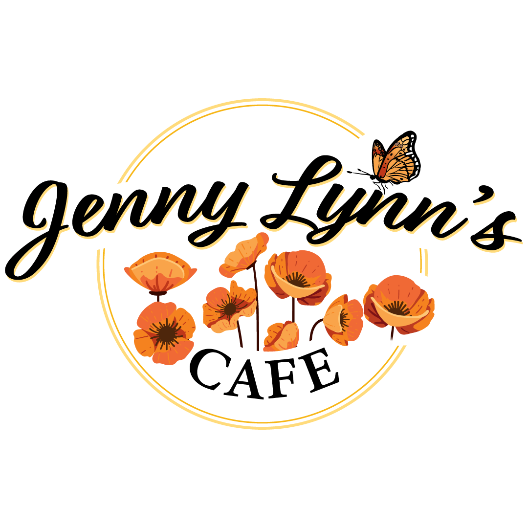This is the logo of Jenny Lynn's Cafe, with a butterfly landing on Jenny Lynn's name and orange flowers blooming underneath her name.