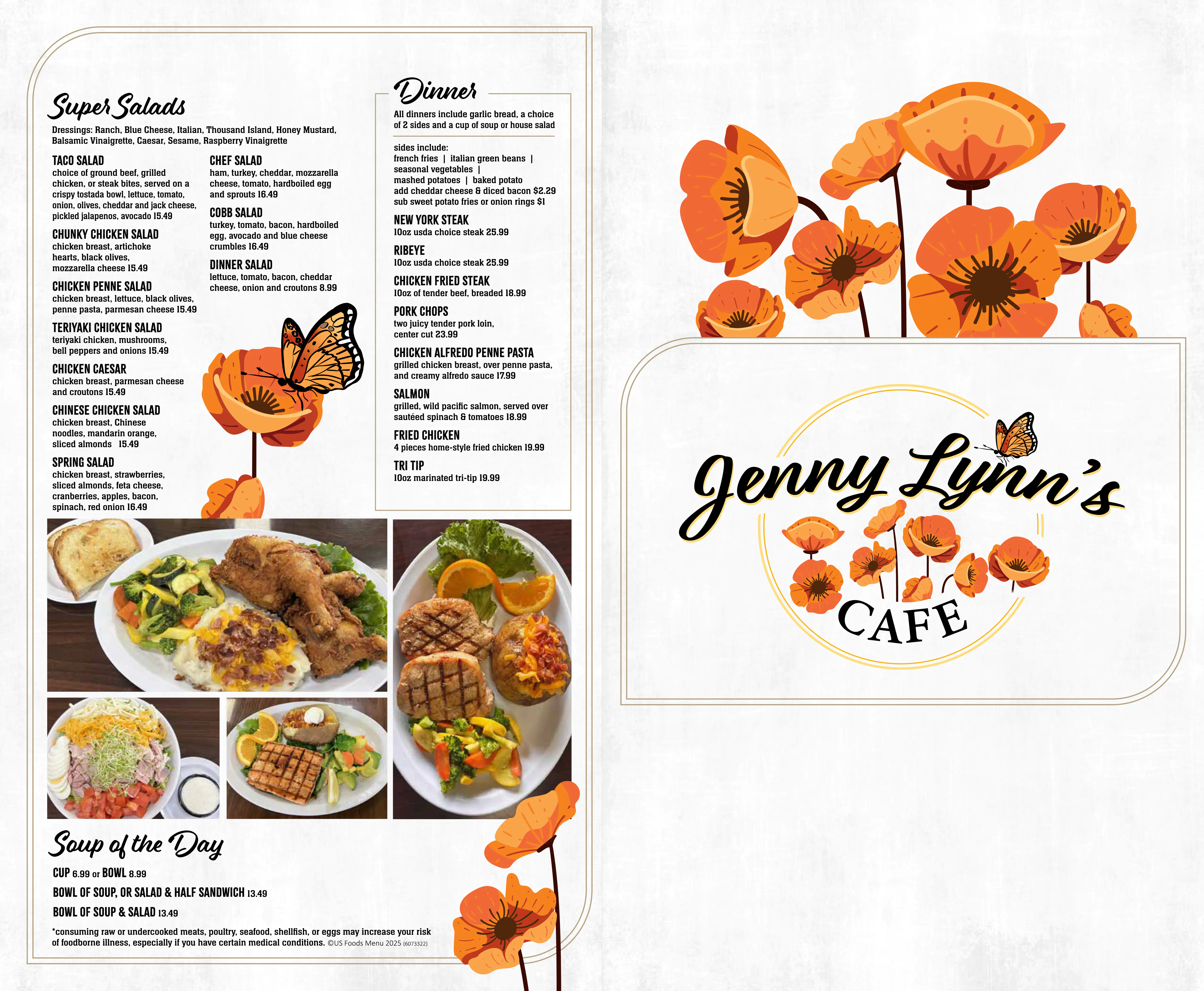 Page 1 (front cover) and Page 4 (back cover) of the menu for Jenny Lynn's Cafe, formatted for desktop. Page 1 just shows the logo, while Page 4 shows dinner options.