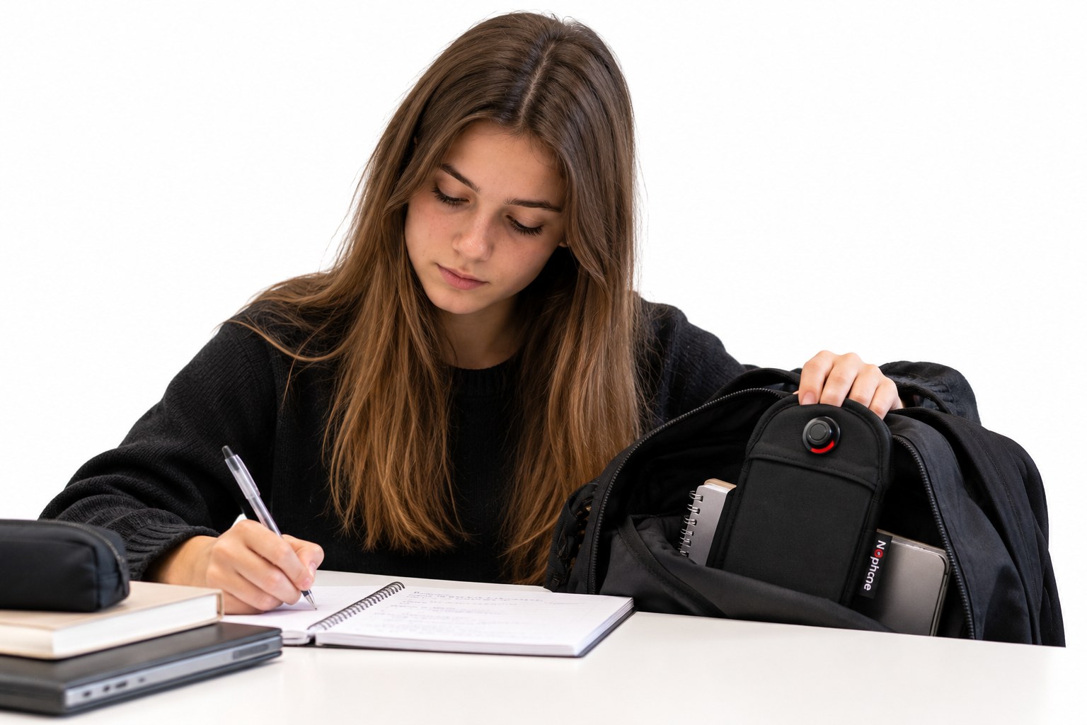Élève qui travaille en classe, sa pochette NOphone verrouillée rangée dans son sac.