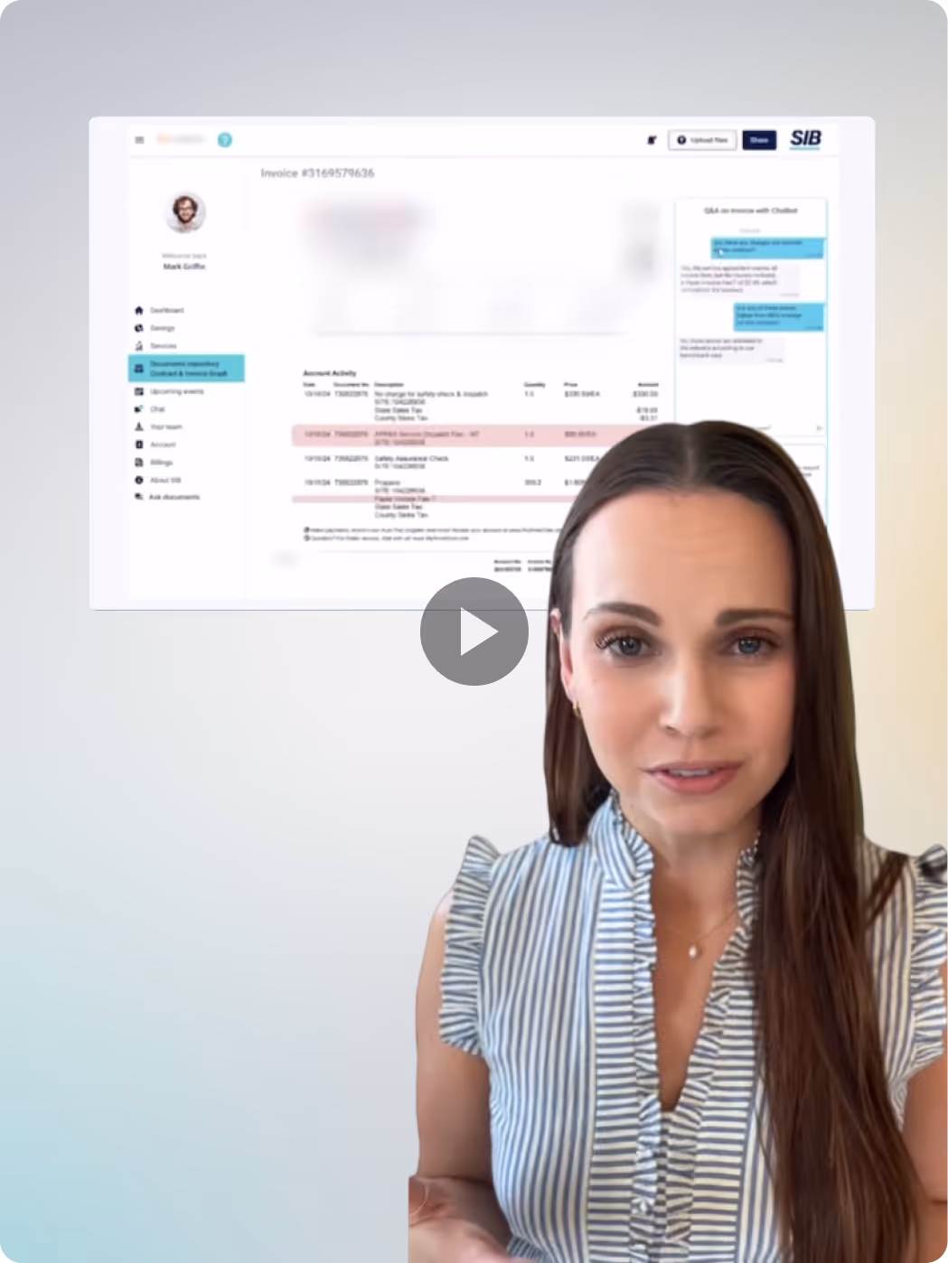 Woman in a striped blouse speaking with an invoice interface displayed behind her.