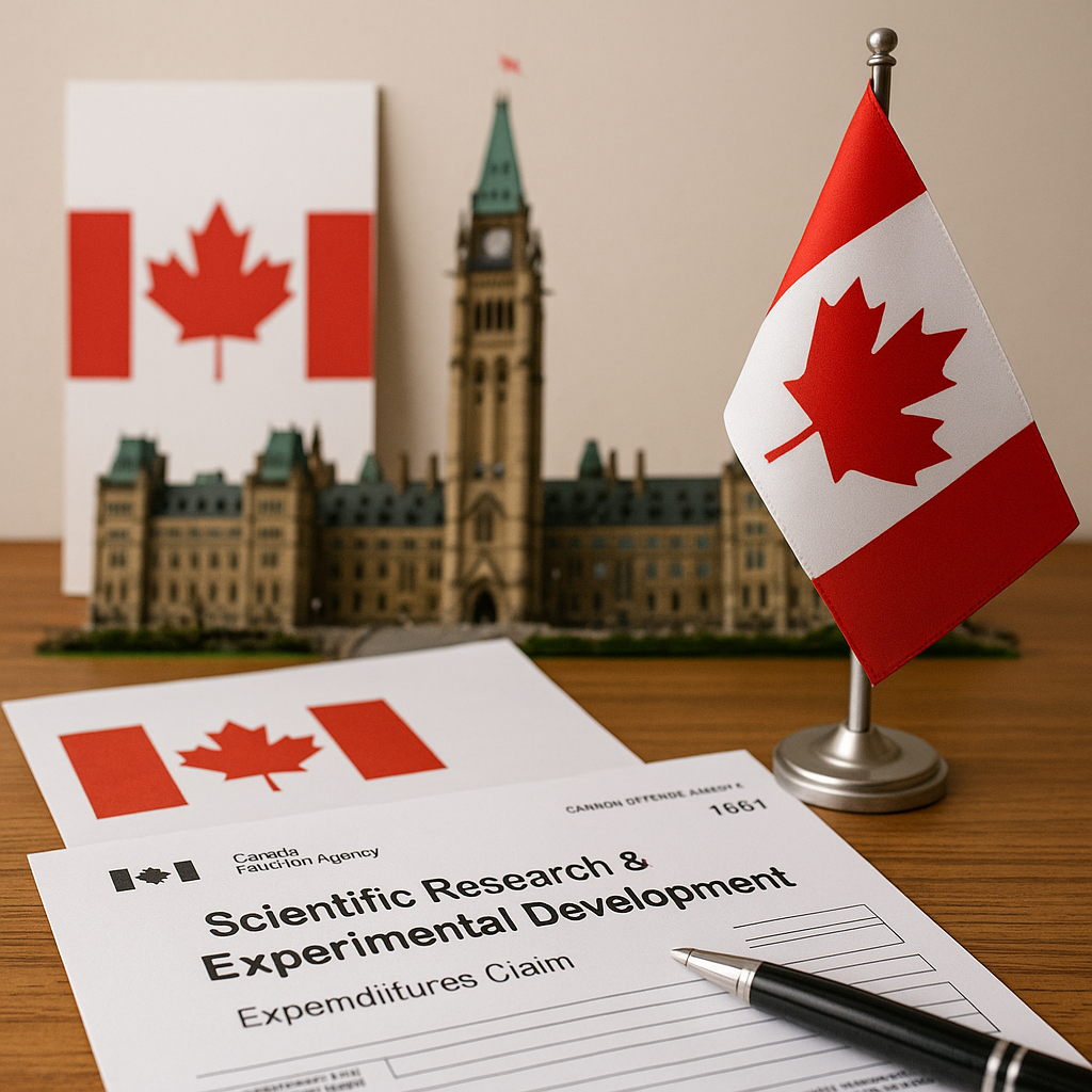 Canadian Parliament with SR&ED T661 tax forms and a Canadian flag displayed on a desk, symbolizing federal SR&ED program changes in Budget