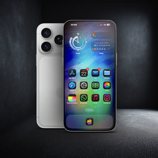Modern smartphone displaying colorful app icons and widgets.