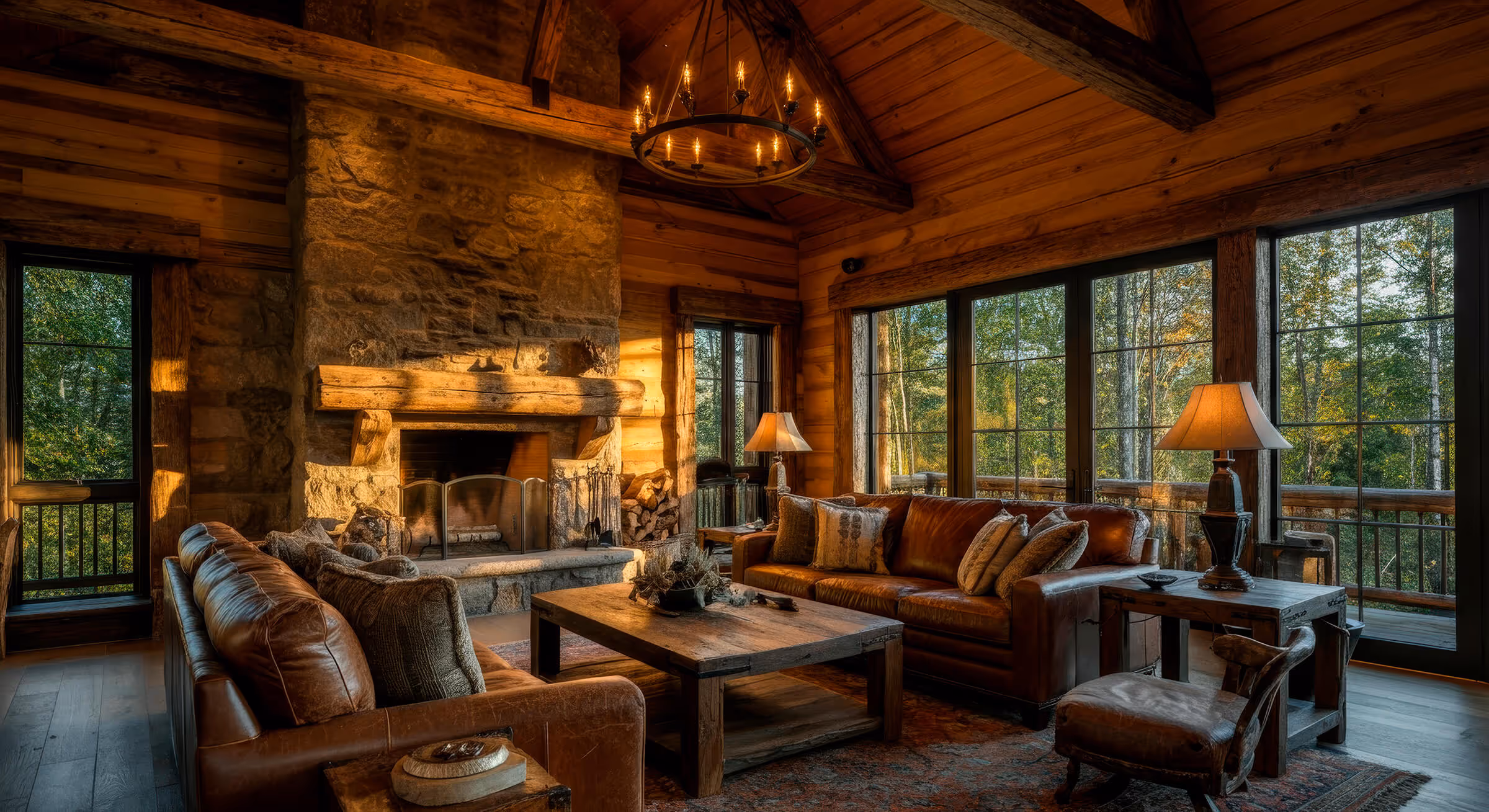 Cozy rustic living room with leather sofas, wooden coffee table, stone fireplace, and large windows showing forest outside.
