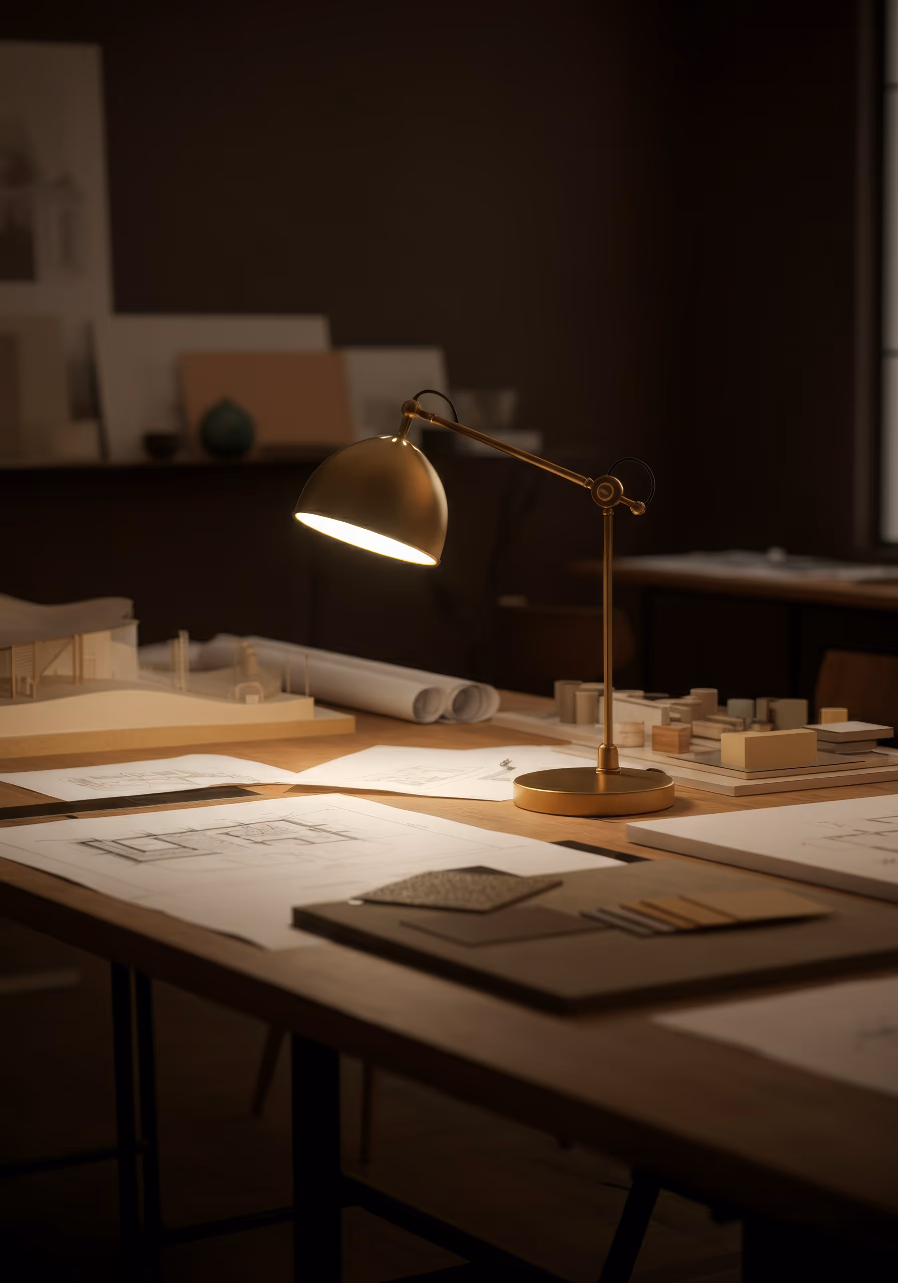 Desk lamp illuminating architectural blueprints and wooden models on a workspace table.
