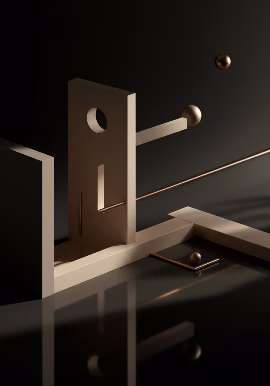 Minimalist architectural concept with beige geometric shapes, spheres, and rods casting reflections on a dark surface.