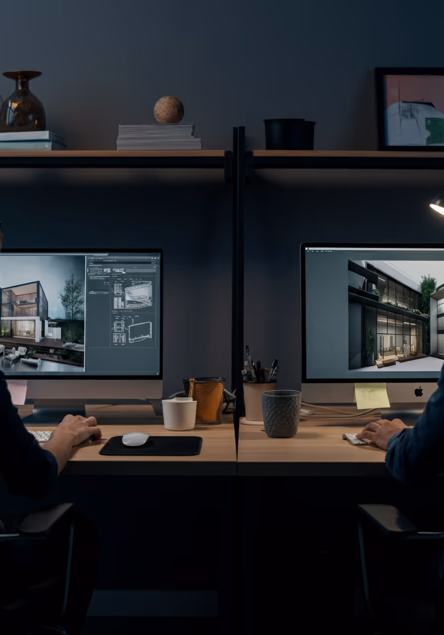 Two people working on architectural designs displayed on desktop computer screens in a dimly lit modern office.