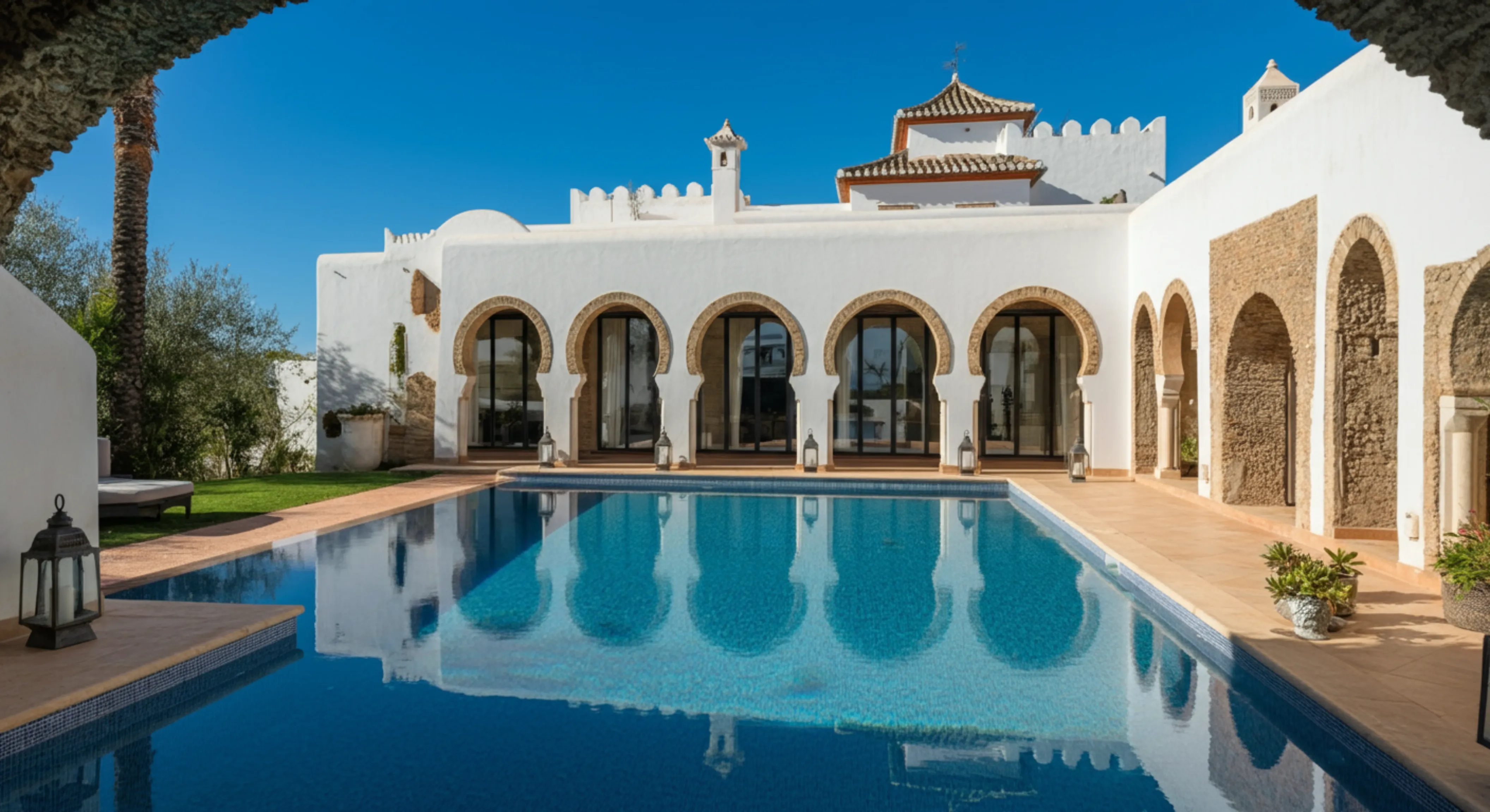 Mediterranean-style white villa with arched doorways reflected in a clear blue swimming pool under a bright blue sky.