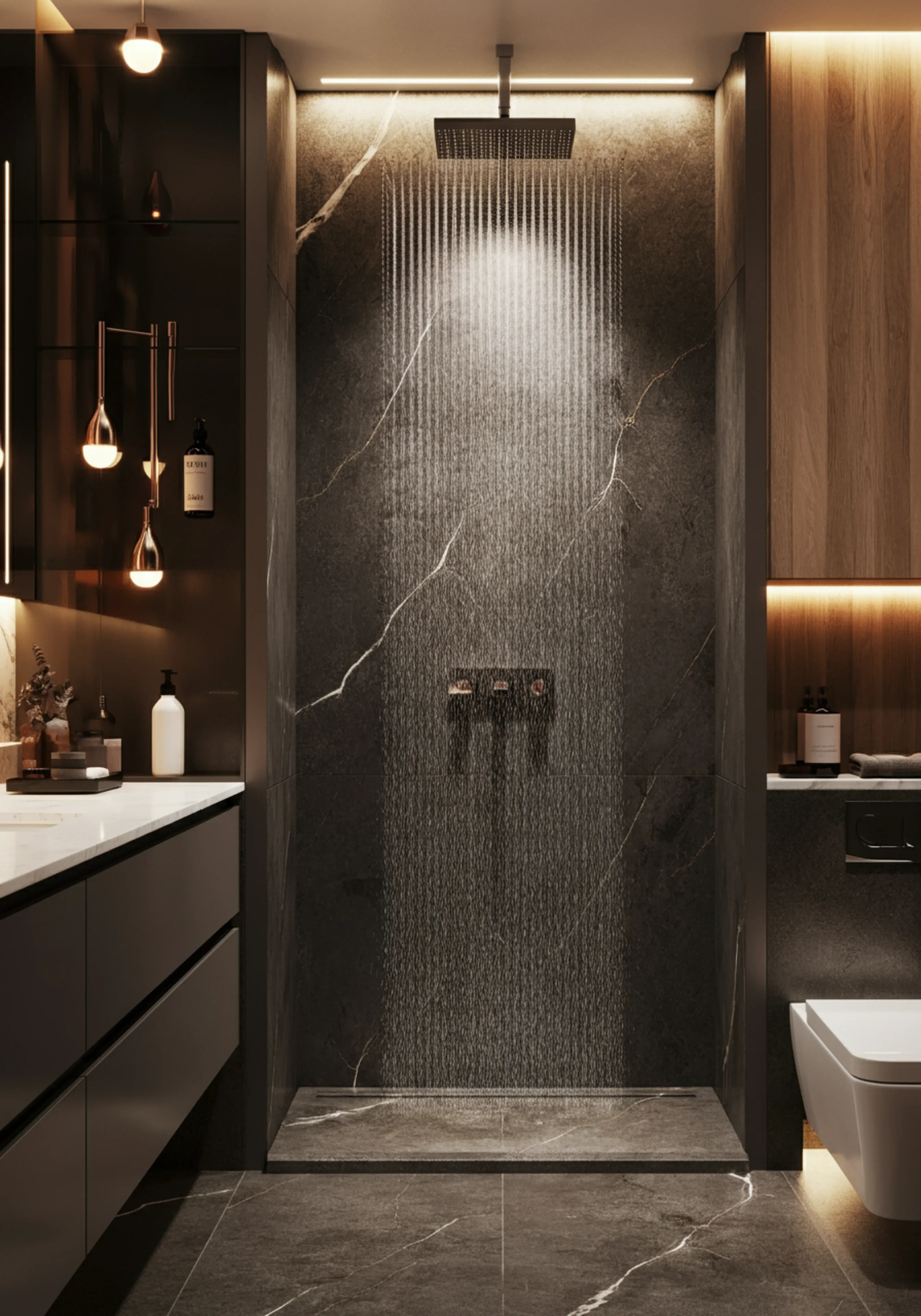 Modern bathroom with a rainfall shower, dark marble walls, wood cabinetry, and warm ambient lighting.