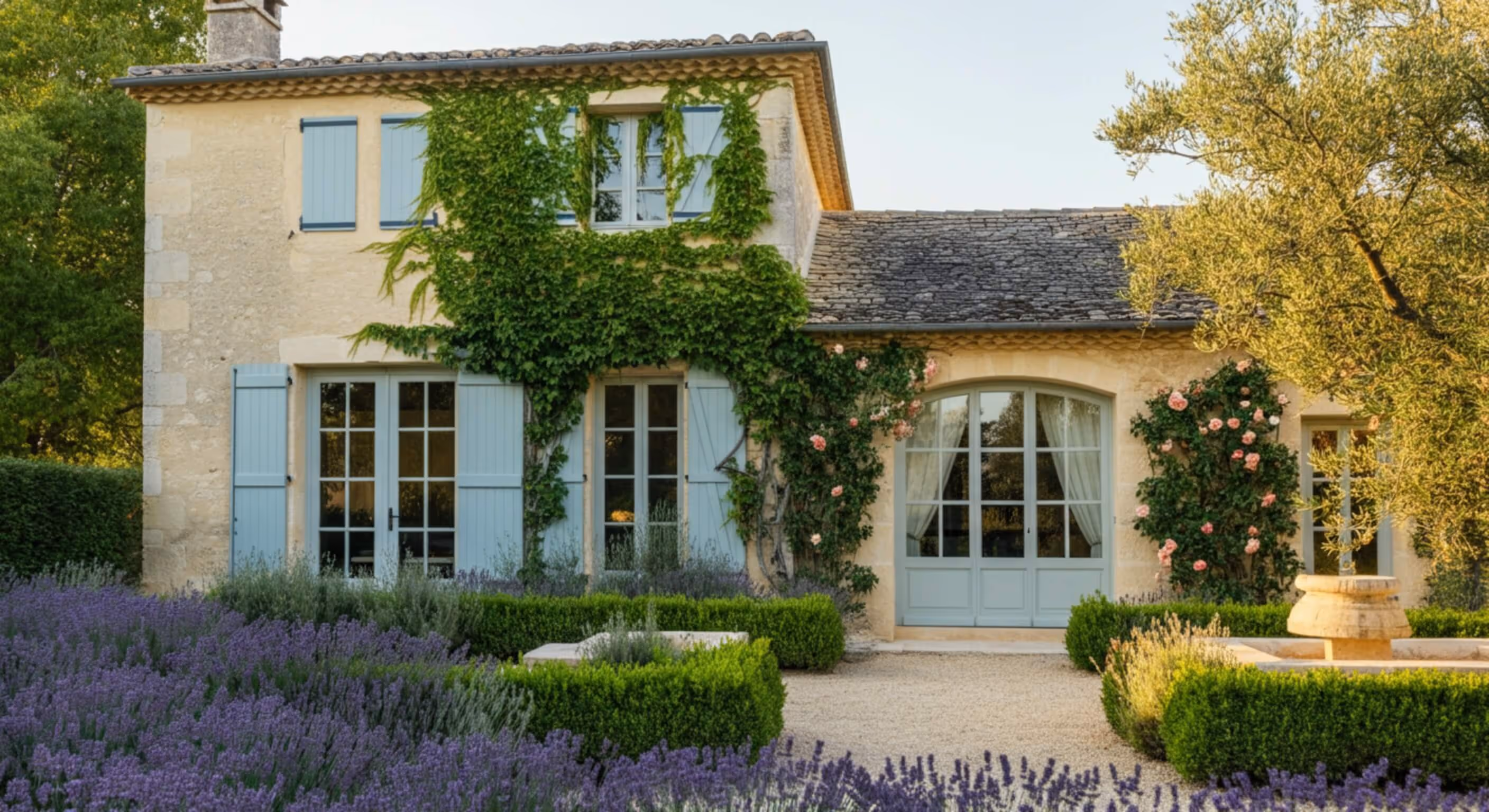 Stone house with light blue shutters and climbing green vines, surrounded by lavender bushes and a gravel courtyard with trimmed hedges.