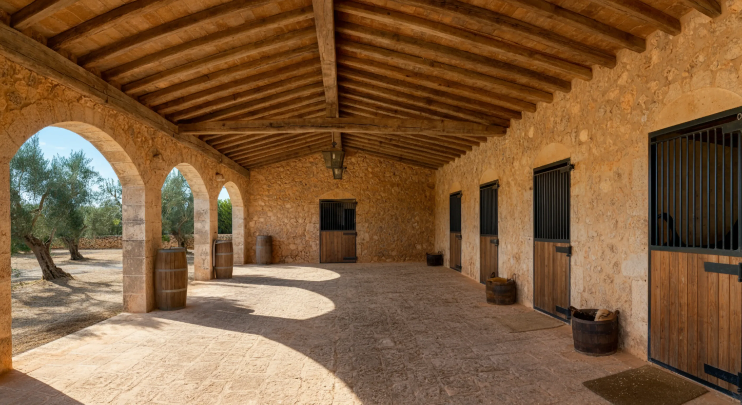 Stone stable with wooden roof beams, arched openings, wooden horse stall doors, barrels, and olive trees outside.
