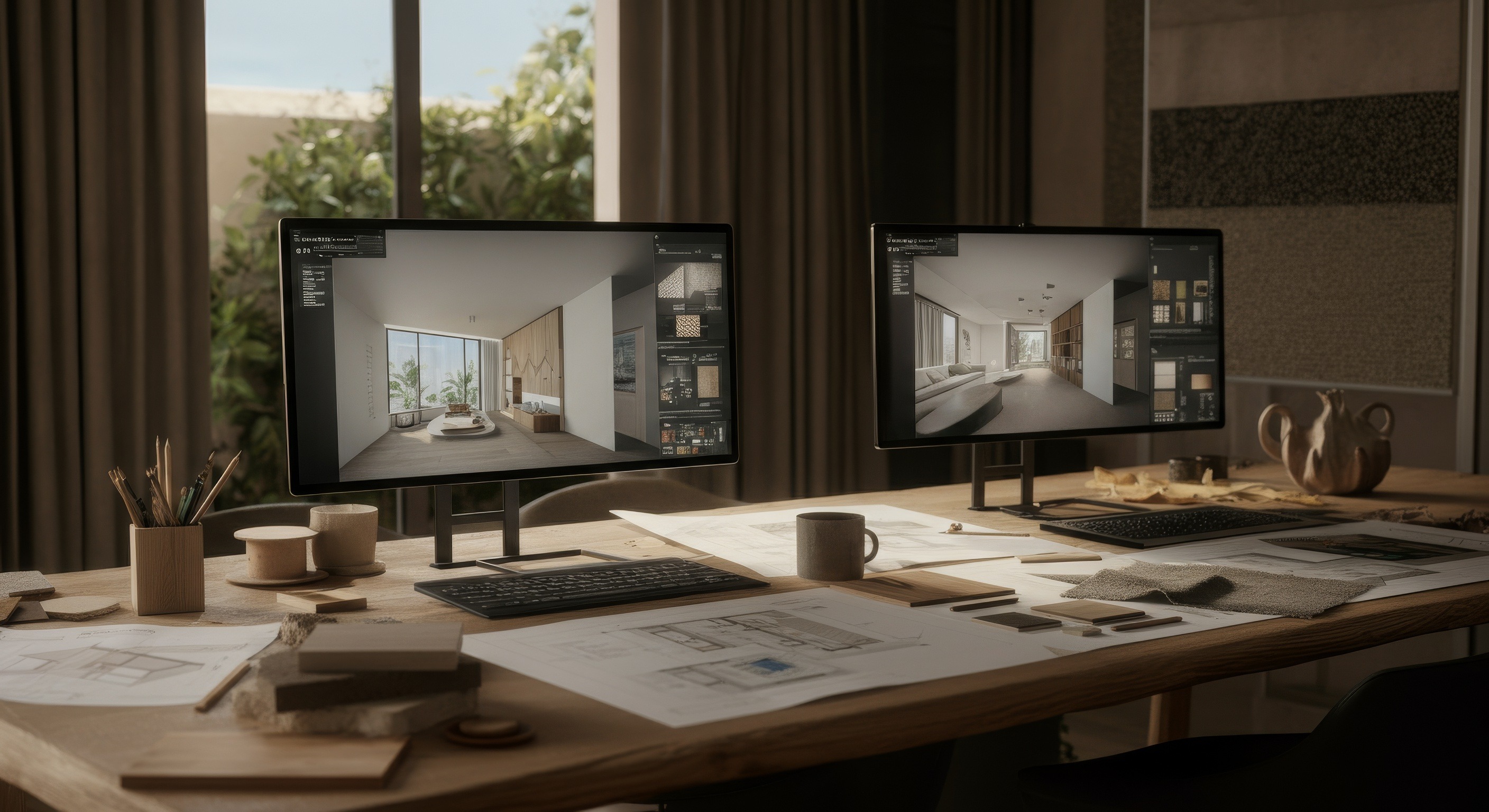 Wooden desk with two computer monitors displaying interior design software, architectural drawings, fabric samples, and office supplies in a softly lit workspace.