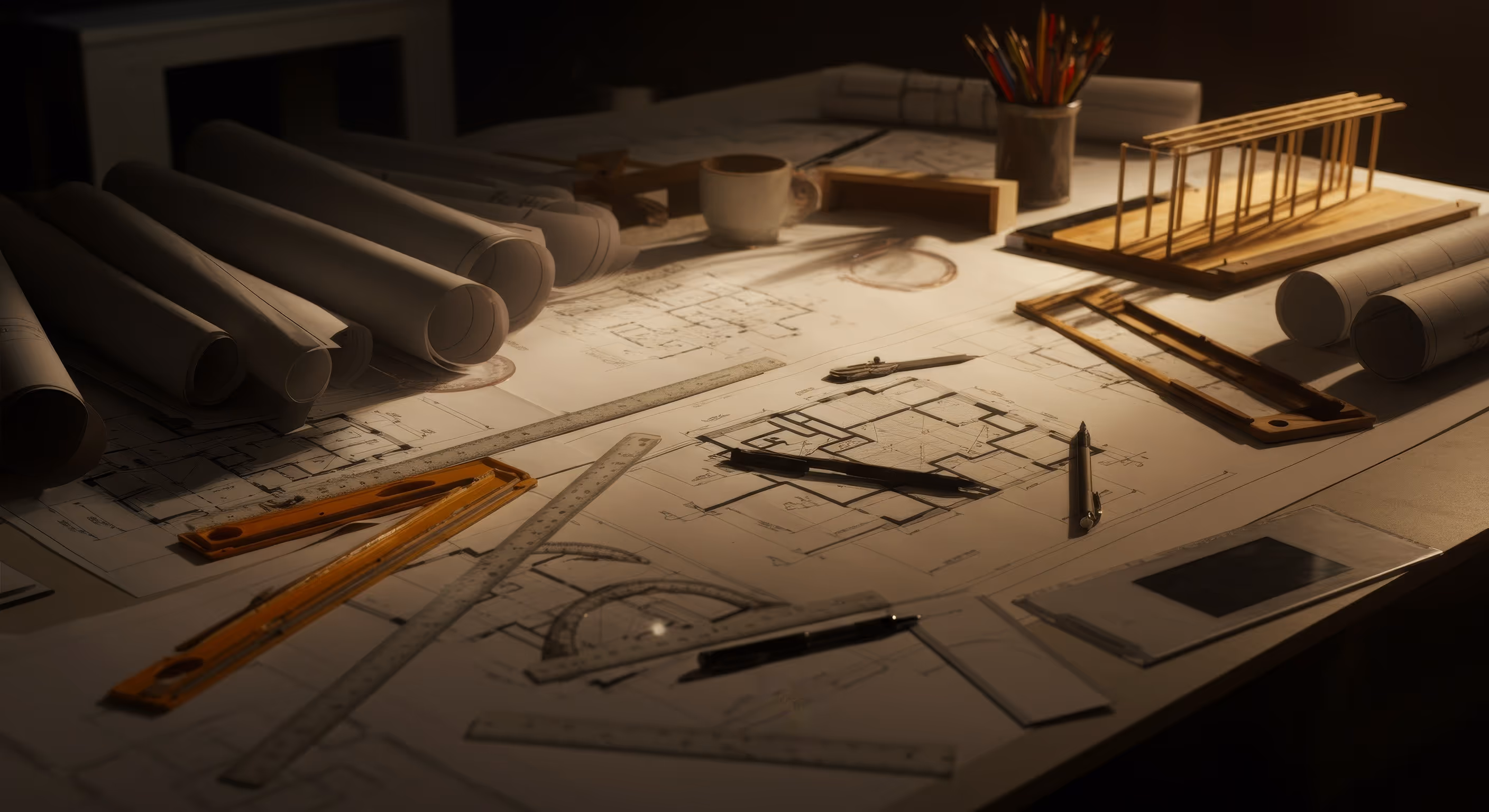 Architectural blueprints spread on a desk with scale rulers, pens, a pencil, rolled plans, and a wooden building model.
