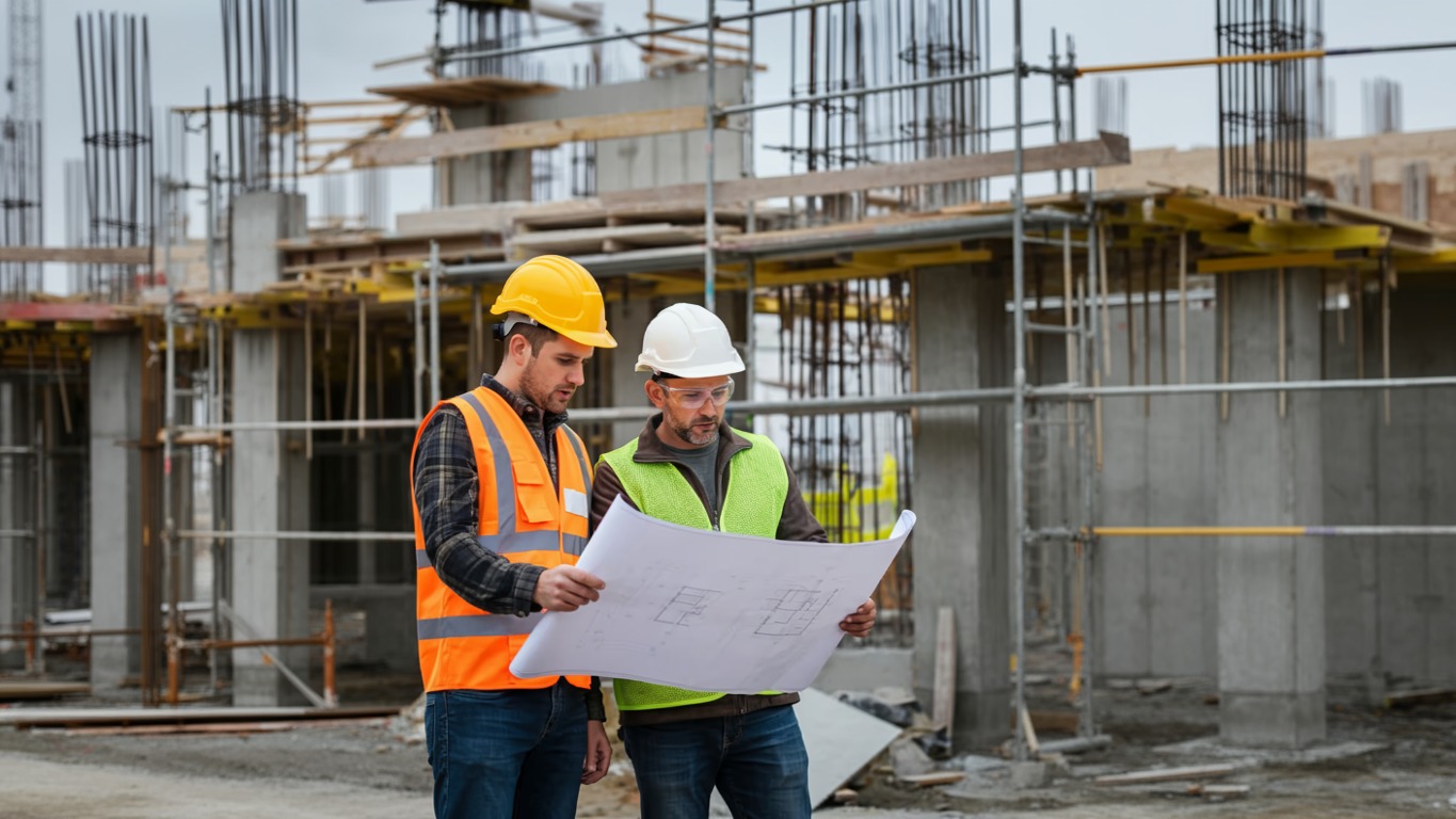 Two construction workers wearing helmets and safety vests reviewing blueprints at a construction site with scaffolding and concrete structures in the background.
