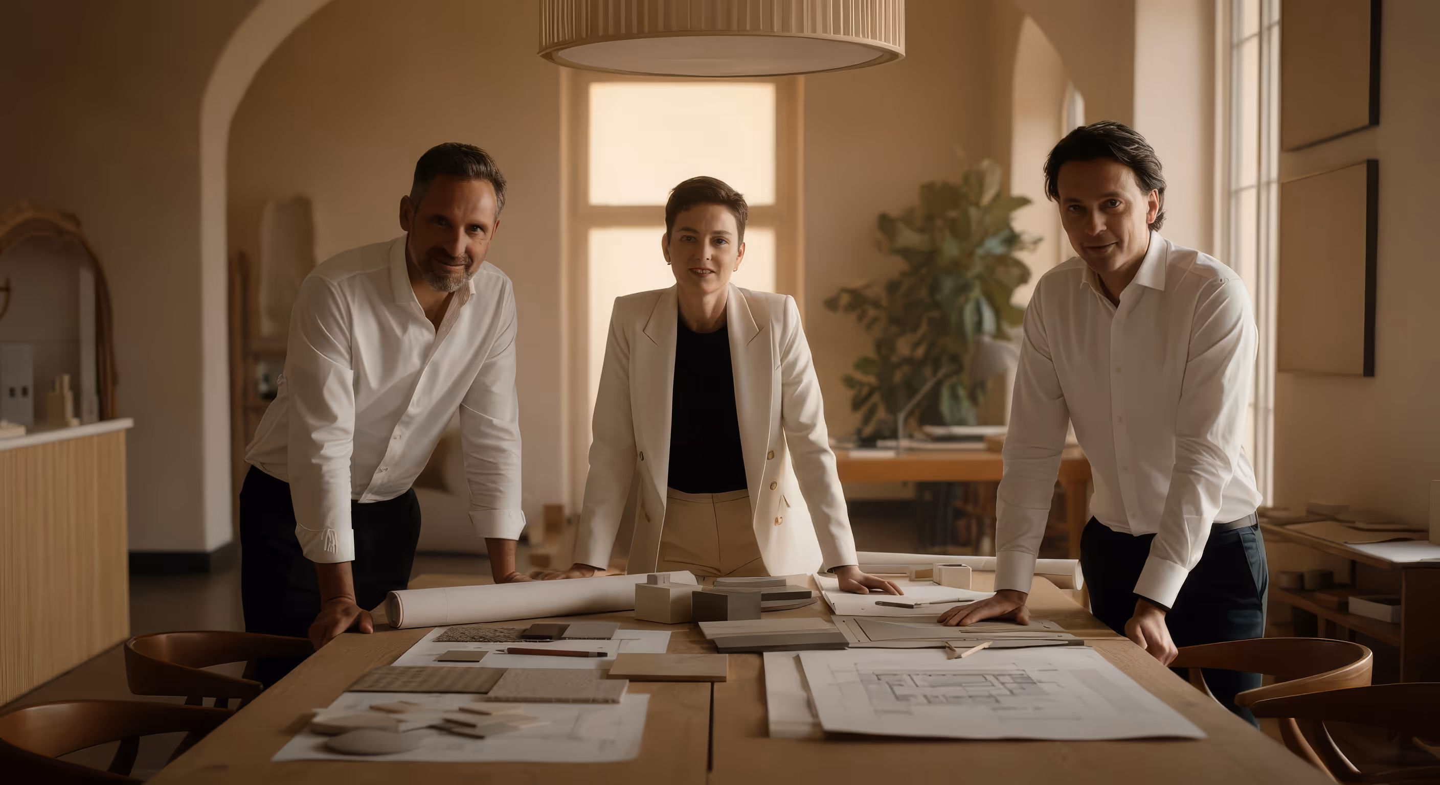 Three architects in formal attire standing around a table with blueprints and design materials in a warmly lit office.