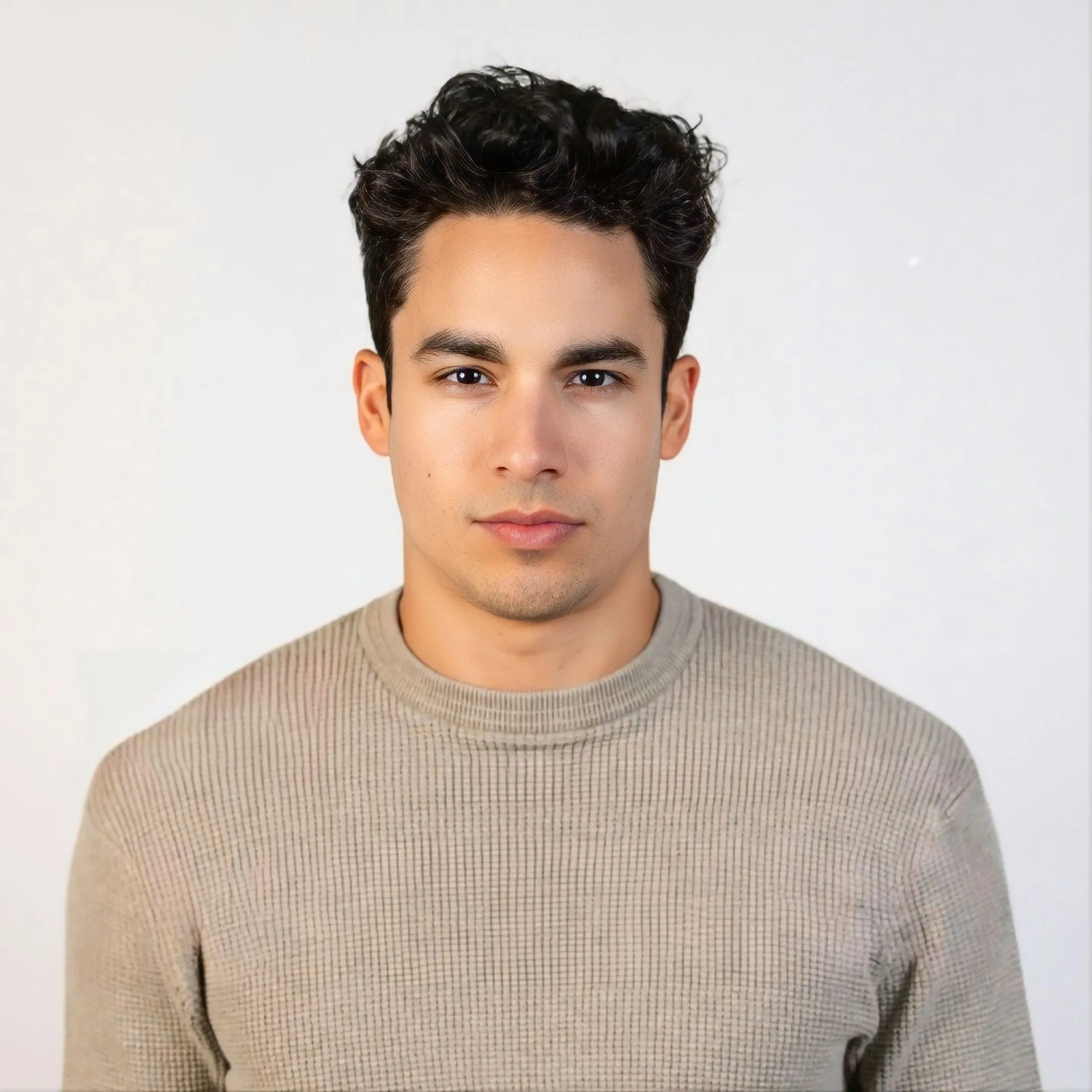 A close up of a person wearing a sweater.