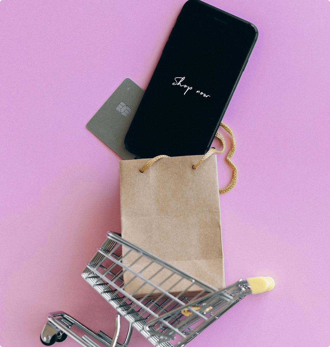 image of credit card, phone, shopping card