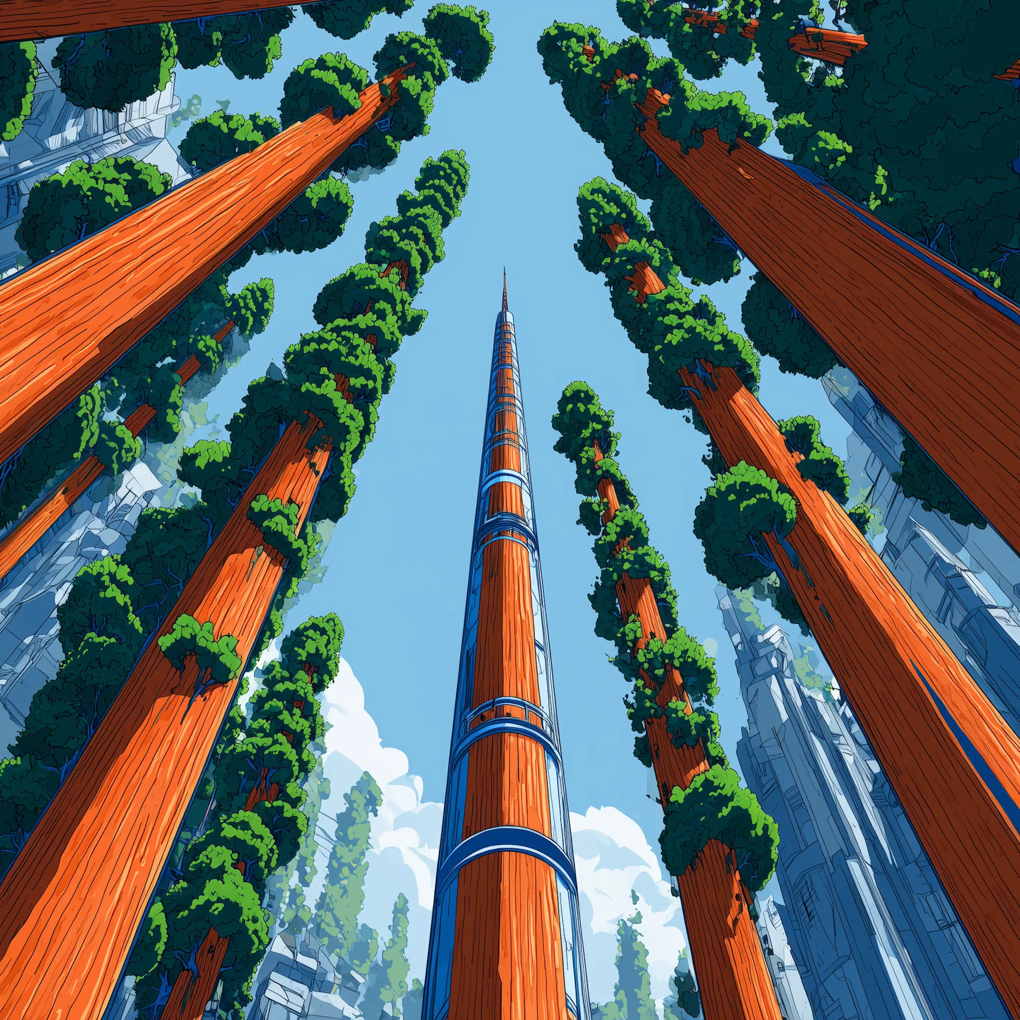 View looking up at tall, vibrant orange trees with green foliage against a blue sky with some white clouds.