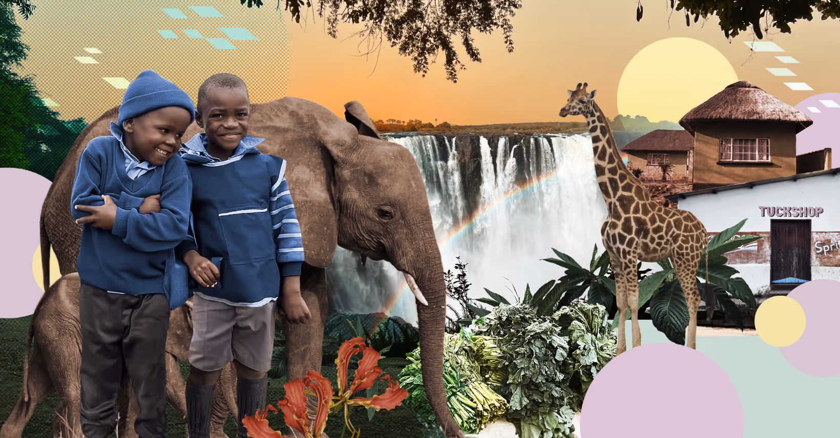 Zwei lachende Kinder stehen nebeneinander in einer farbenfrohen Landschaft mit üppigem Grün. Hinter ihnen sind ein Elefant, eine Giraffe und ein grosser Wasserfall mit Regenbogen zu sehen. Die Szene wirkt fröhlich und lebendig und erinnert an eine afrikanische Savannenlandschaft.