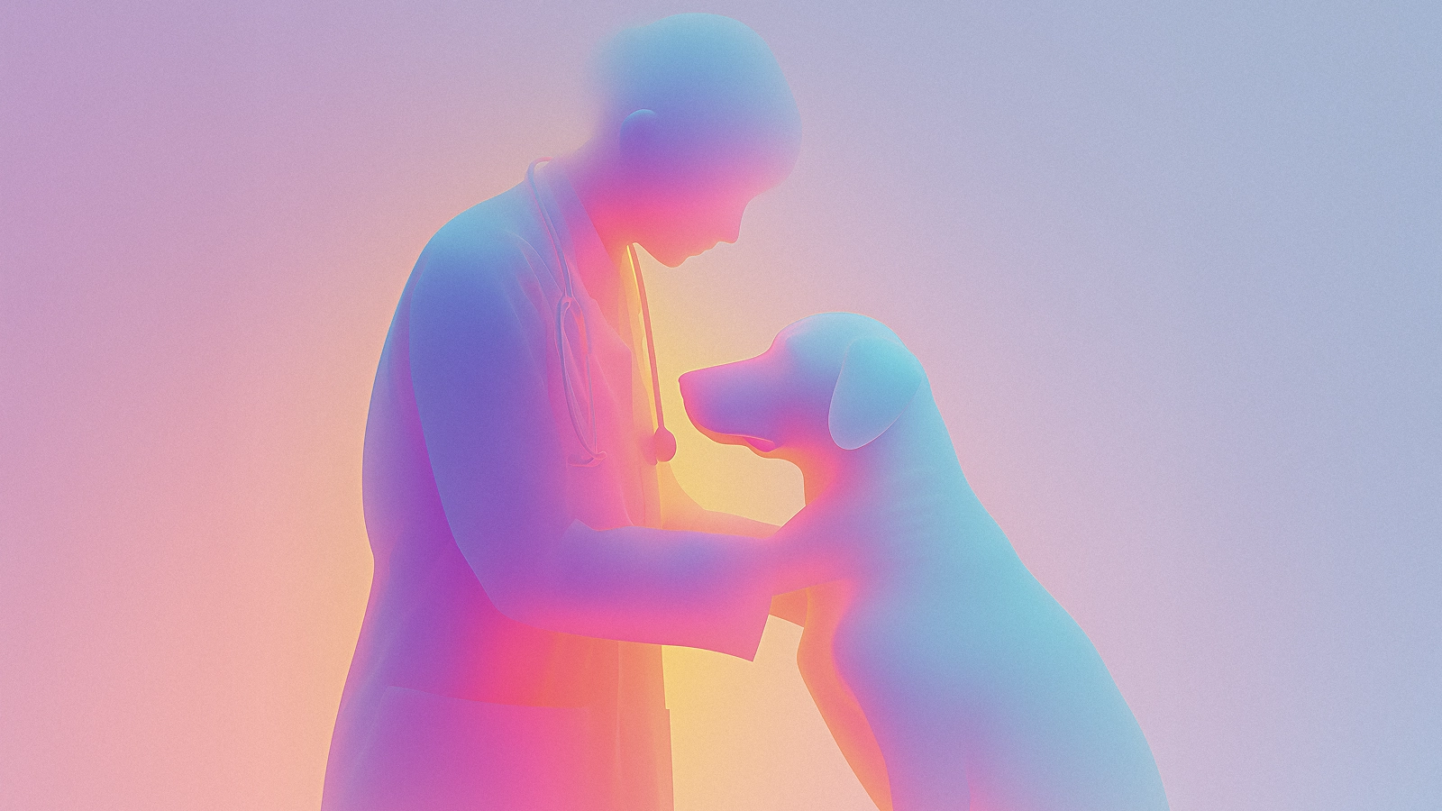Bright gradient illustration of a veterinarian embracing a dog