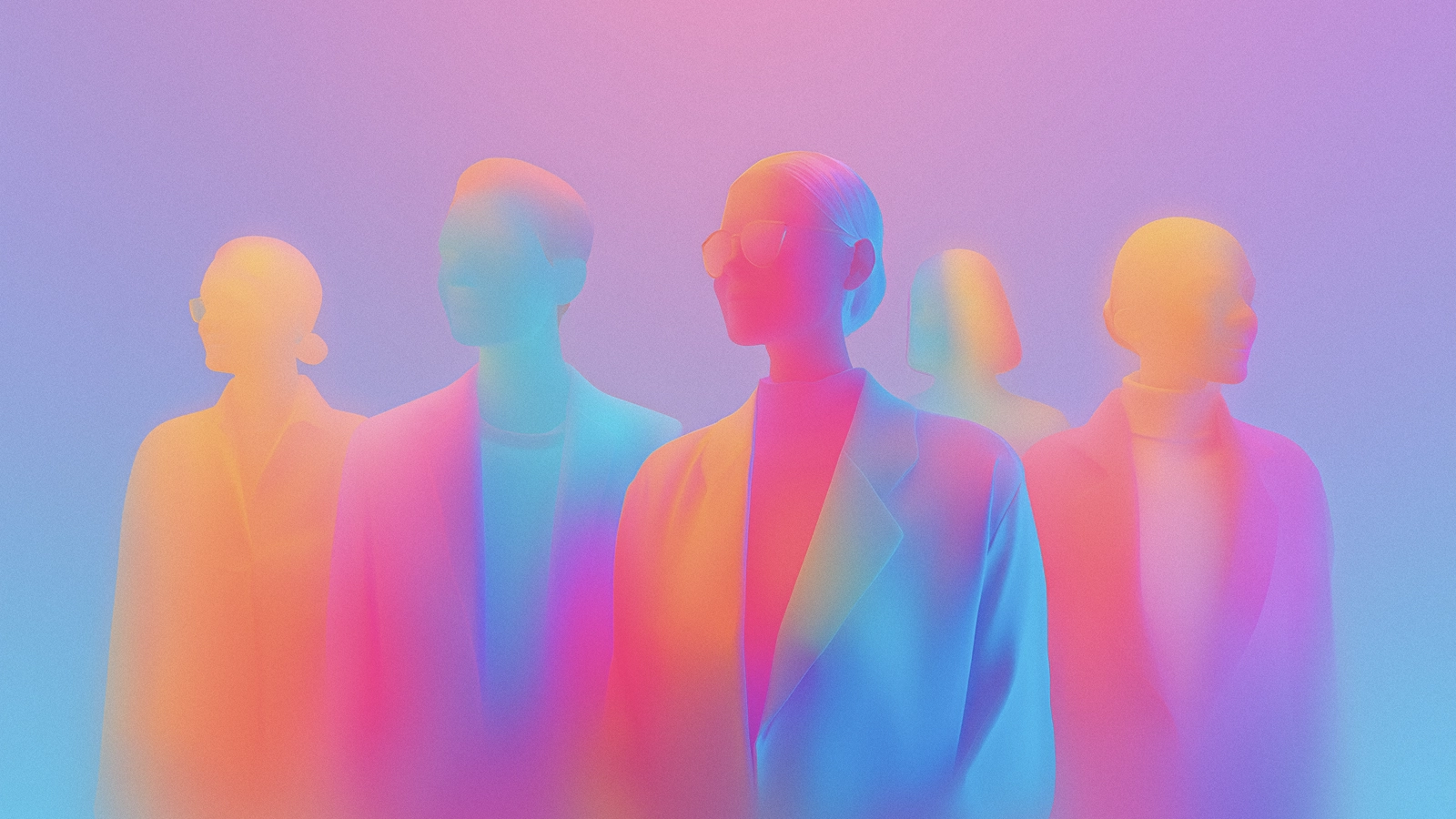Gradient illustration of five contributors standing together in bright colors