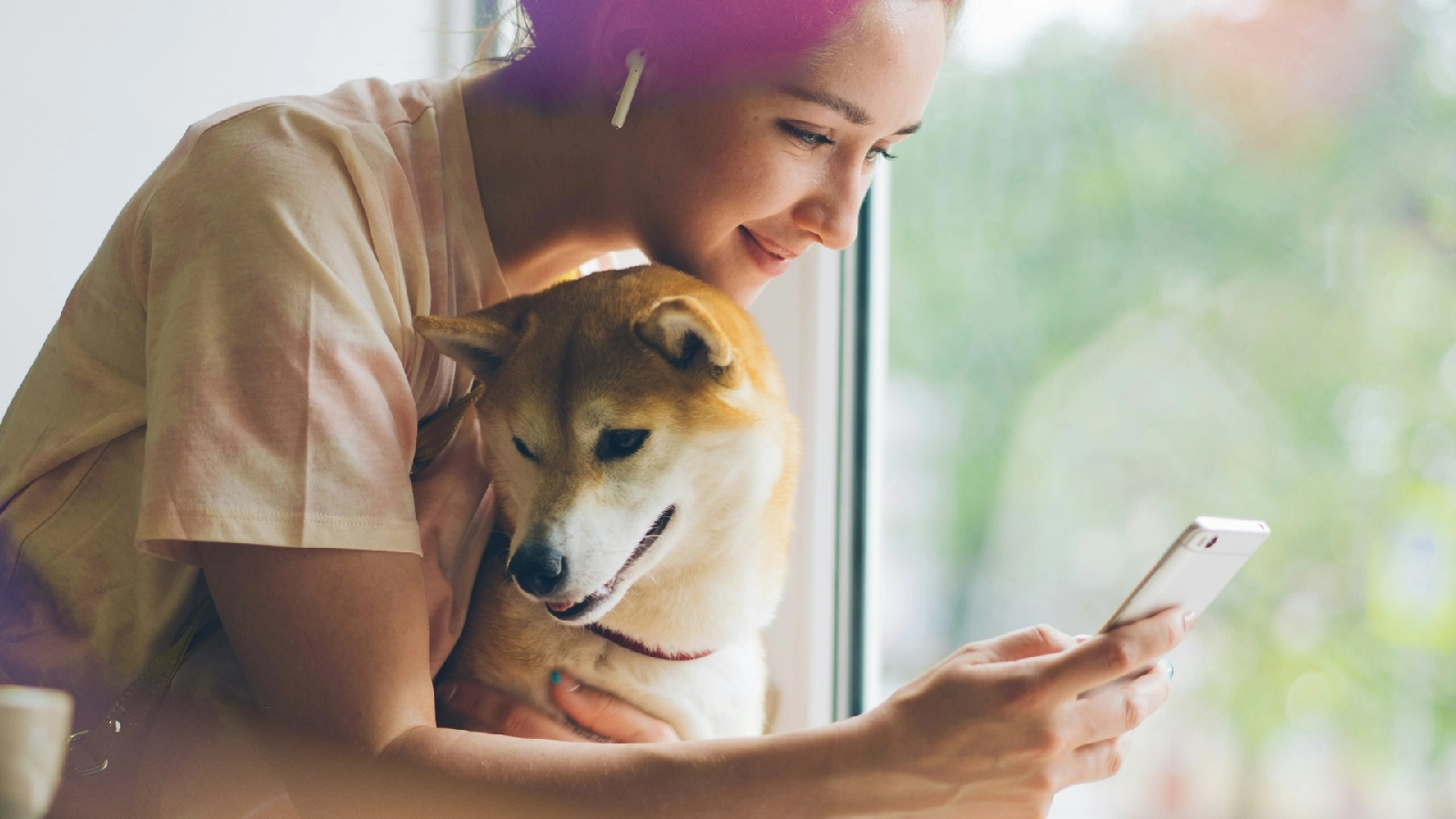 Woman holding a Shiba Inu while reading her smartphone by a window