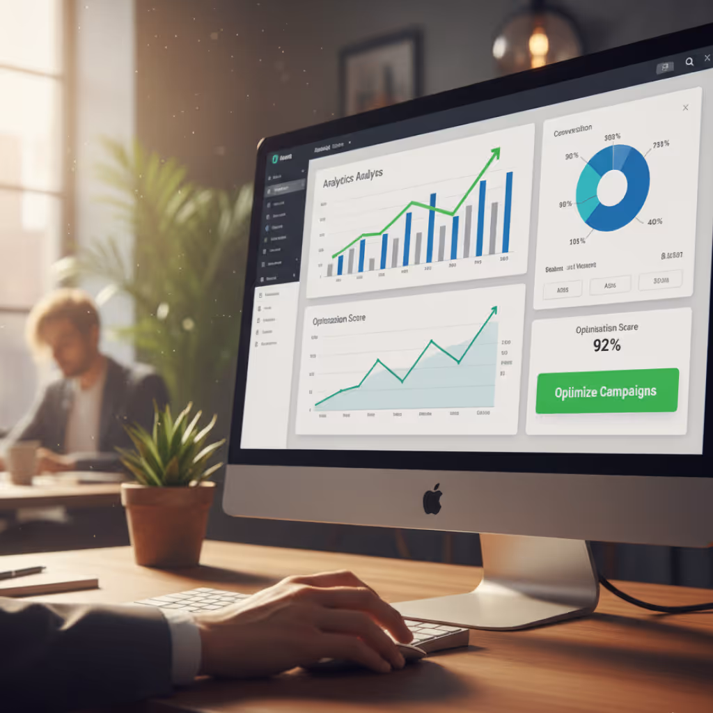 Person using computer showing analytics dashboard with bar and line charts, a doughnut chart, and a 92% optimization score in an office setting.