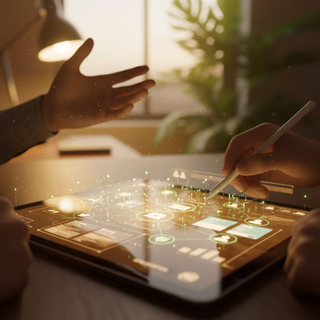 Two people interacting over a tablet displaying a digital network interface with glowing icons.
