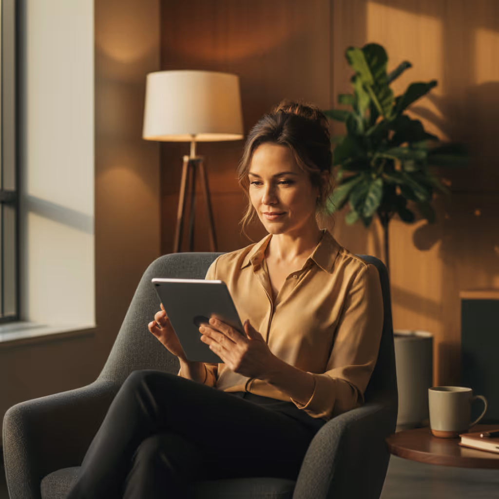 Woman sitting in a gray armchair using a tablet in a warmly lit room with a floor lamp and plant in the background.