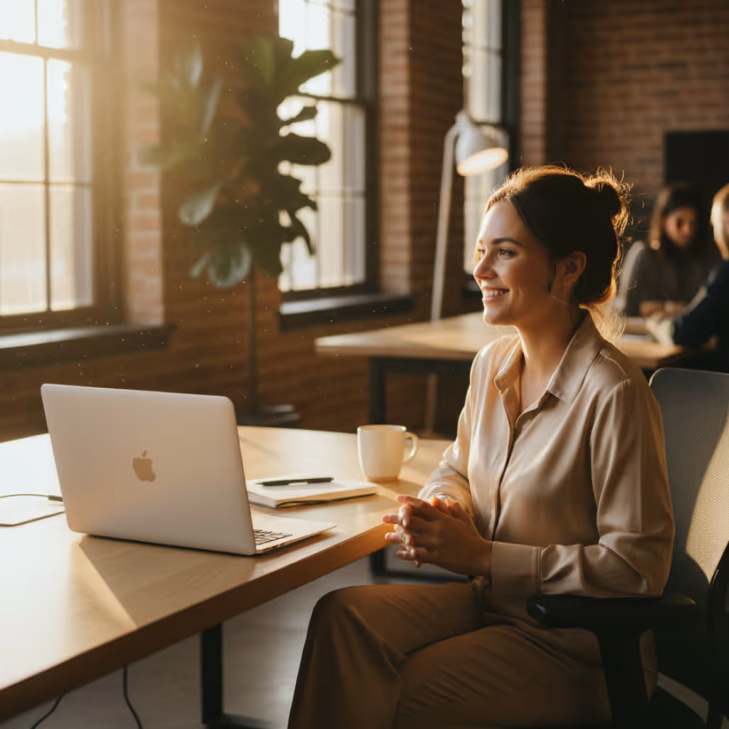 Smiling woman sitting at a desk with a laptop and coffee cup in a sunlit office space.