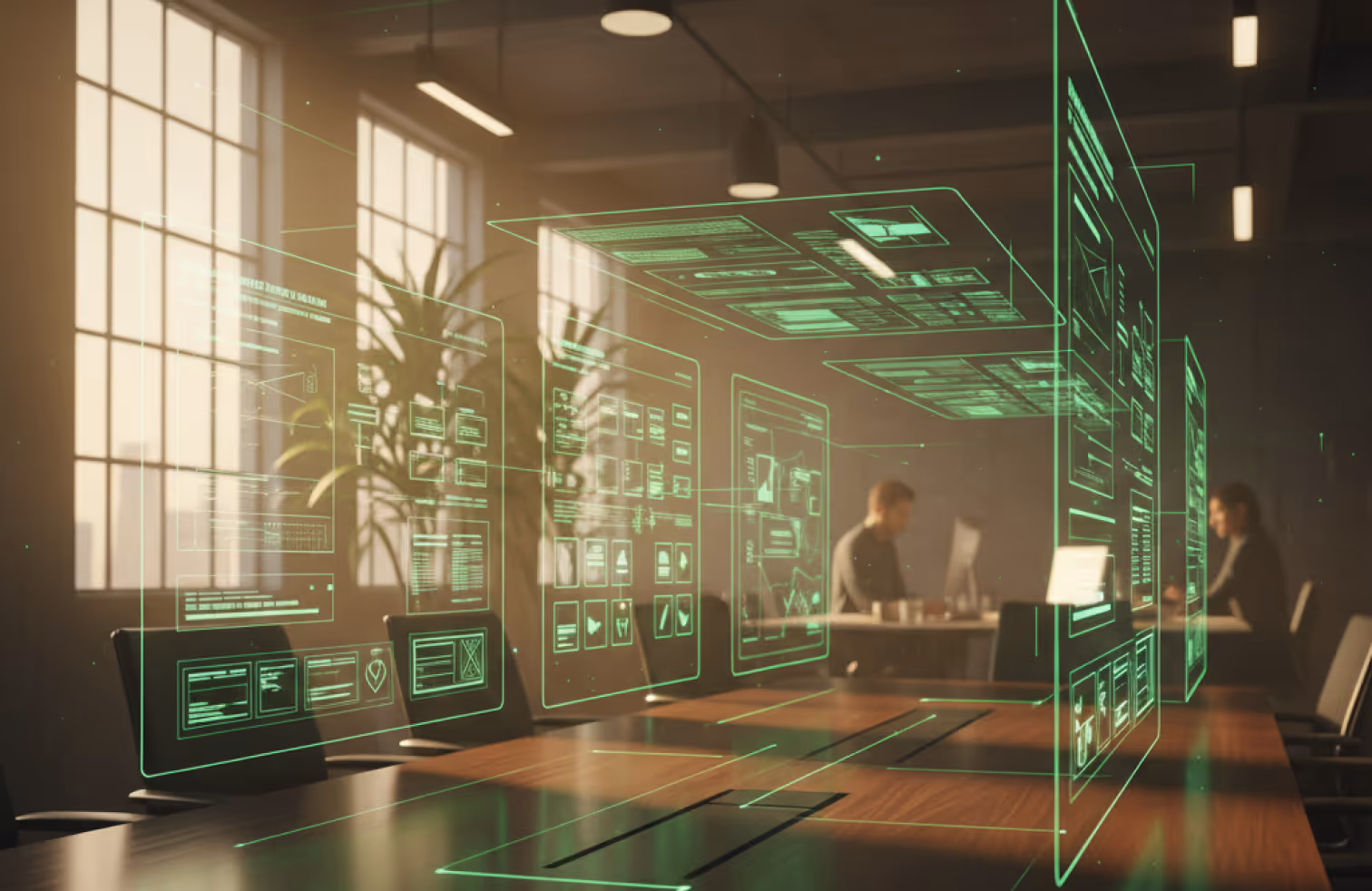Futuristic digital interface with holographic data panels floating over a modern conference table with blurred people working in the background.