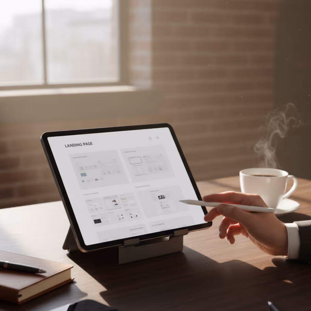 Person using a stylus to interact with a tablet on a stand at a wooden desk, next to a steaming cup of coffee and a closed notebook with a pen.