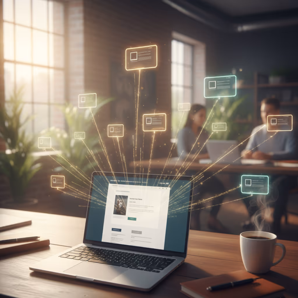 Laptop on a desk with abstract digital data nodes connecting to the screen, with two people working in the background in a sunlit office.