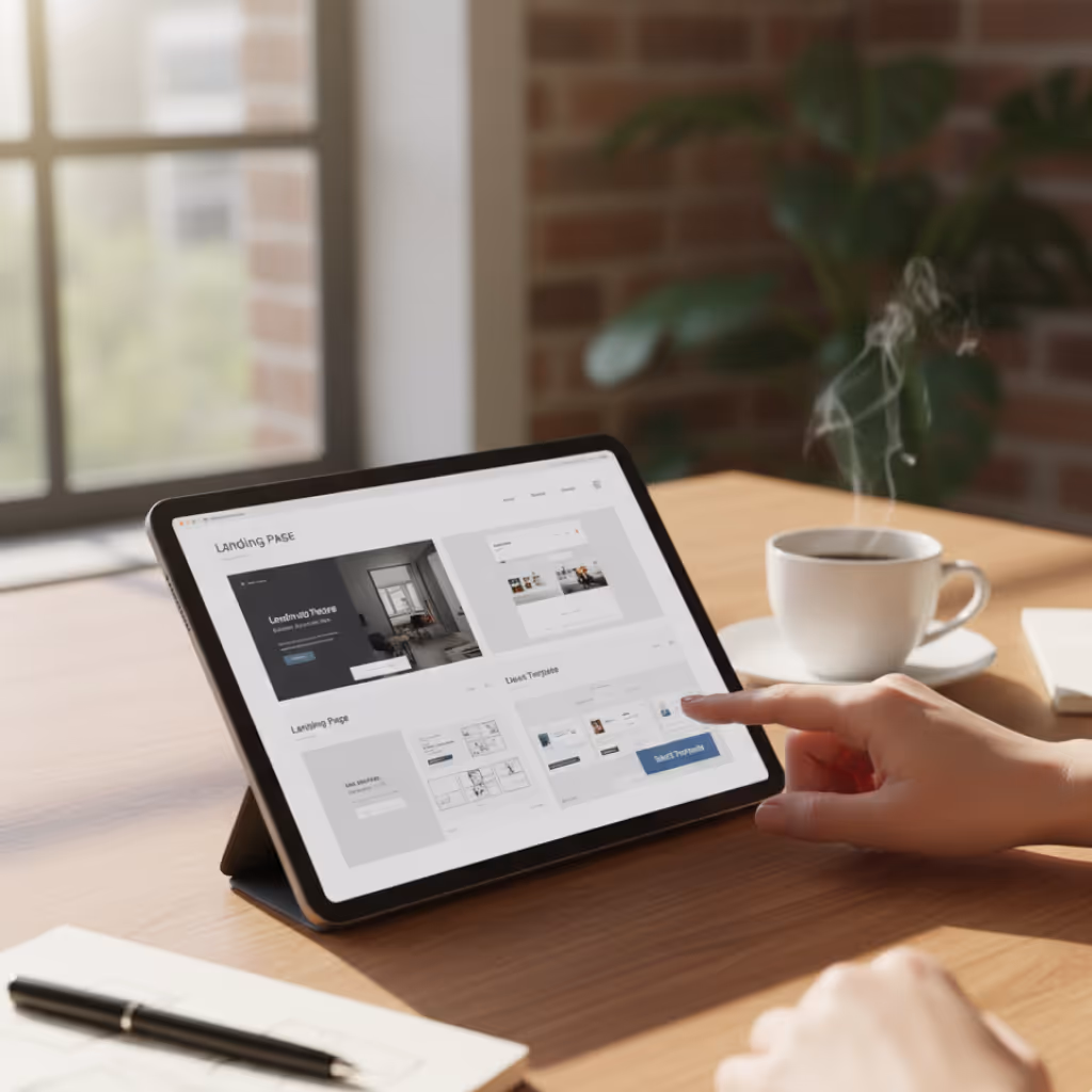 Person using a tablet displaying a landing page template selection screen, with a steaming cup of coffee on a wooden table.