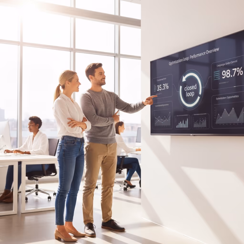 Two colleagues standing and discussing data charts displayed on a wall screen in a bright modern office.
