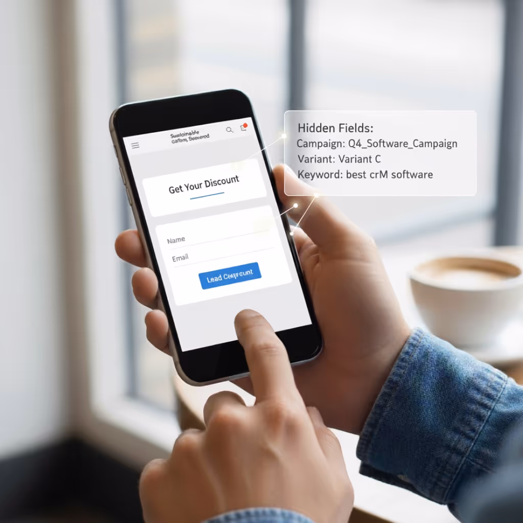 Person holding a smartphone displaying a discount form with fields for name and email and a blue submit button labeled 'Lead Convert,' alongside highlighted hidden fields information.