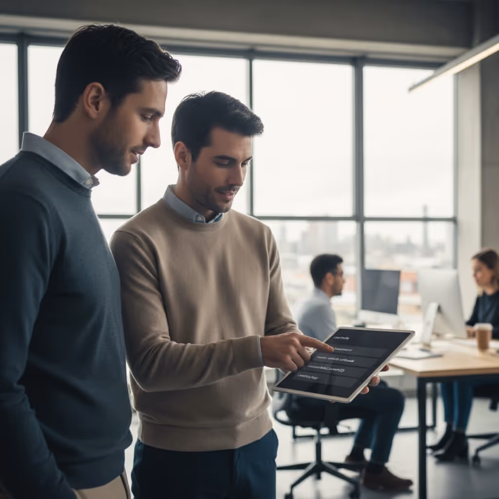 Two men standing and discussing information on a tablet in a modern office with coworkers working at desks in the background.