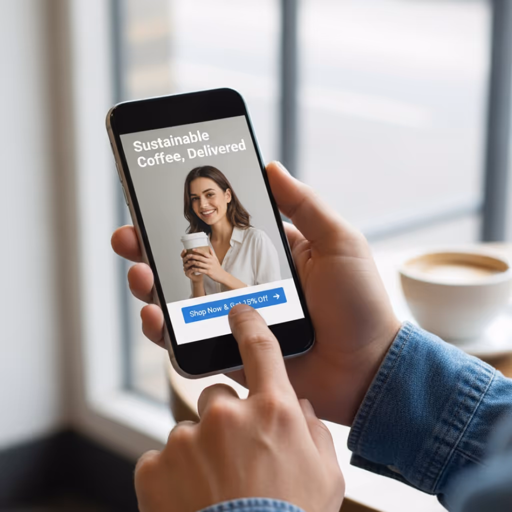 Person tapping on a smartphone showing an ad with a smiling woman holding a coffee cup and text 'Sustainable Coffee, Delivered' with a 'Shop Now & Get 15% Off' button.