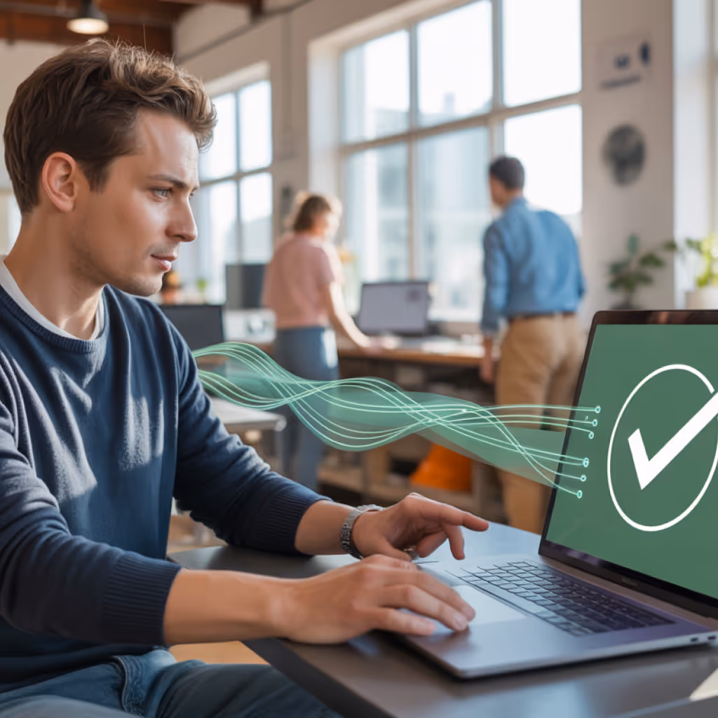 Young man working on a laptop with a large checkmark displayed on the screen and digital wave graphics connecting to it.