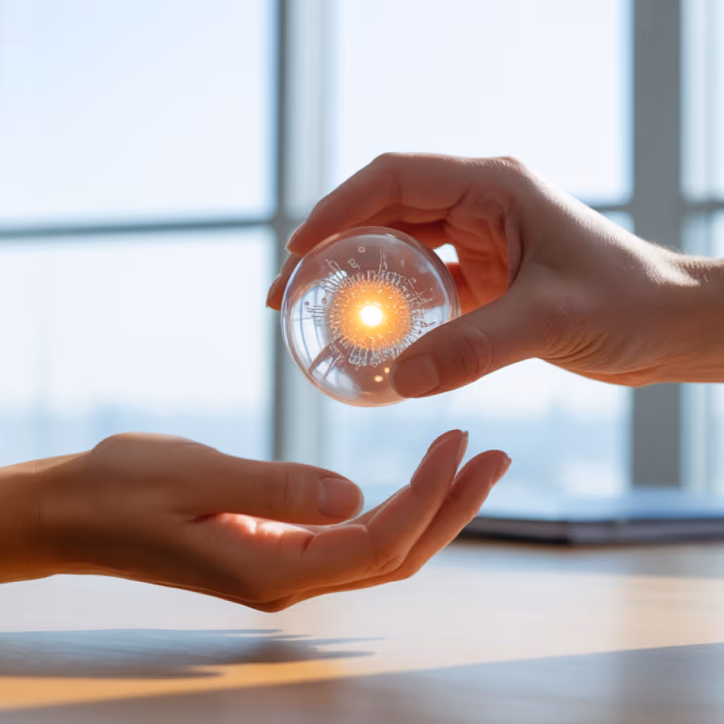 One hand holding a glowing light bulb above another open hand on a wooden surface with bright window in the background.