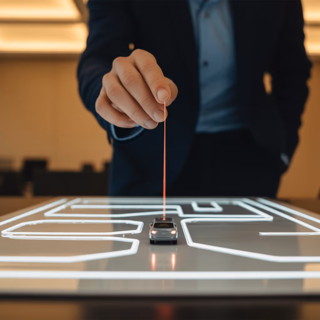 Person in suit pointing a red laser beam at a small toy car on a glowing maze-like surface.